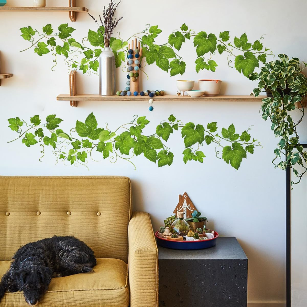 4 Pack Green Leafy Vine Wall Decals, Green Plants Leaves Wall Stickers for Kitch