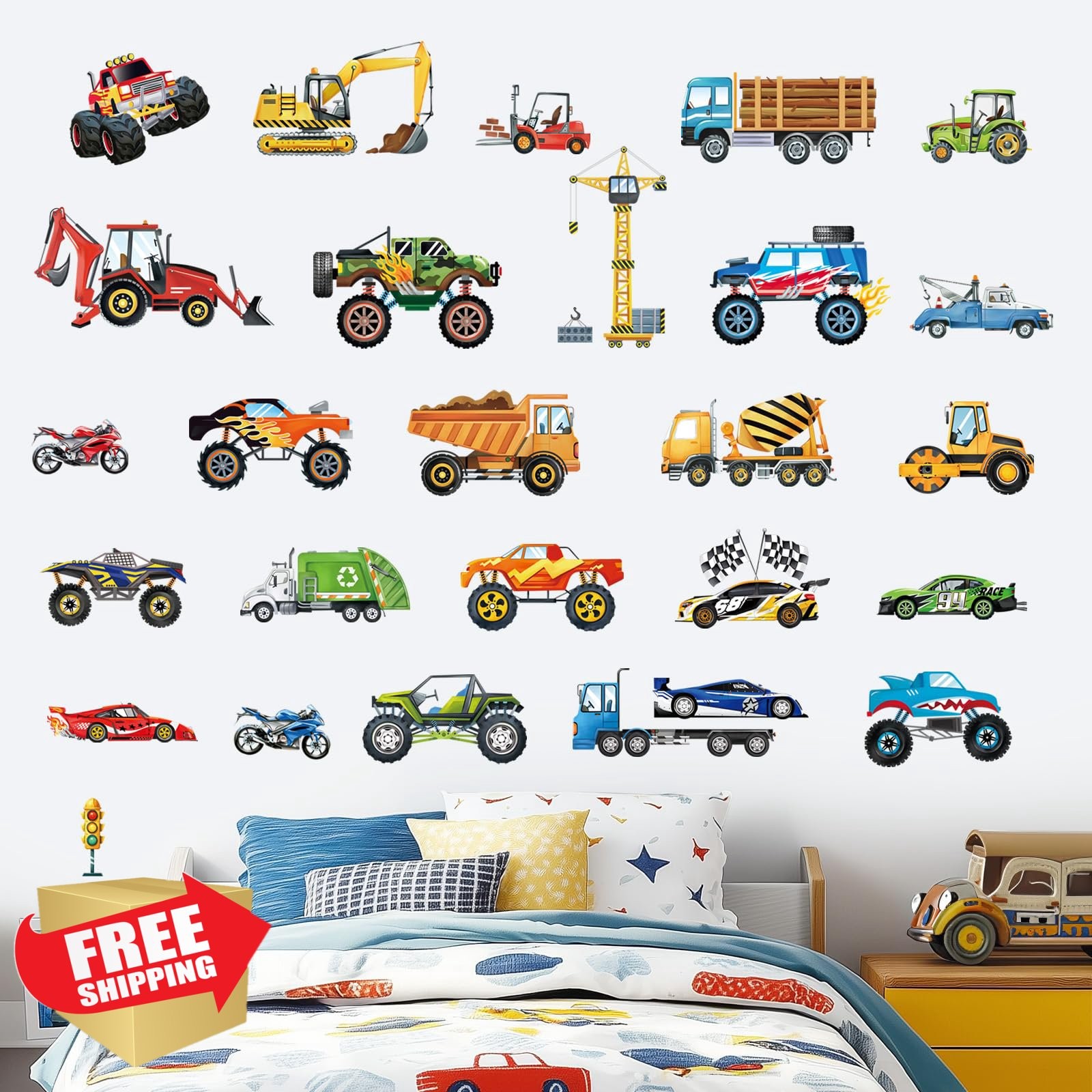 decalmile Cars Construction Vehicles Wall Decals Boys Room Decor
