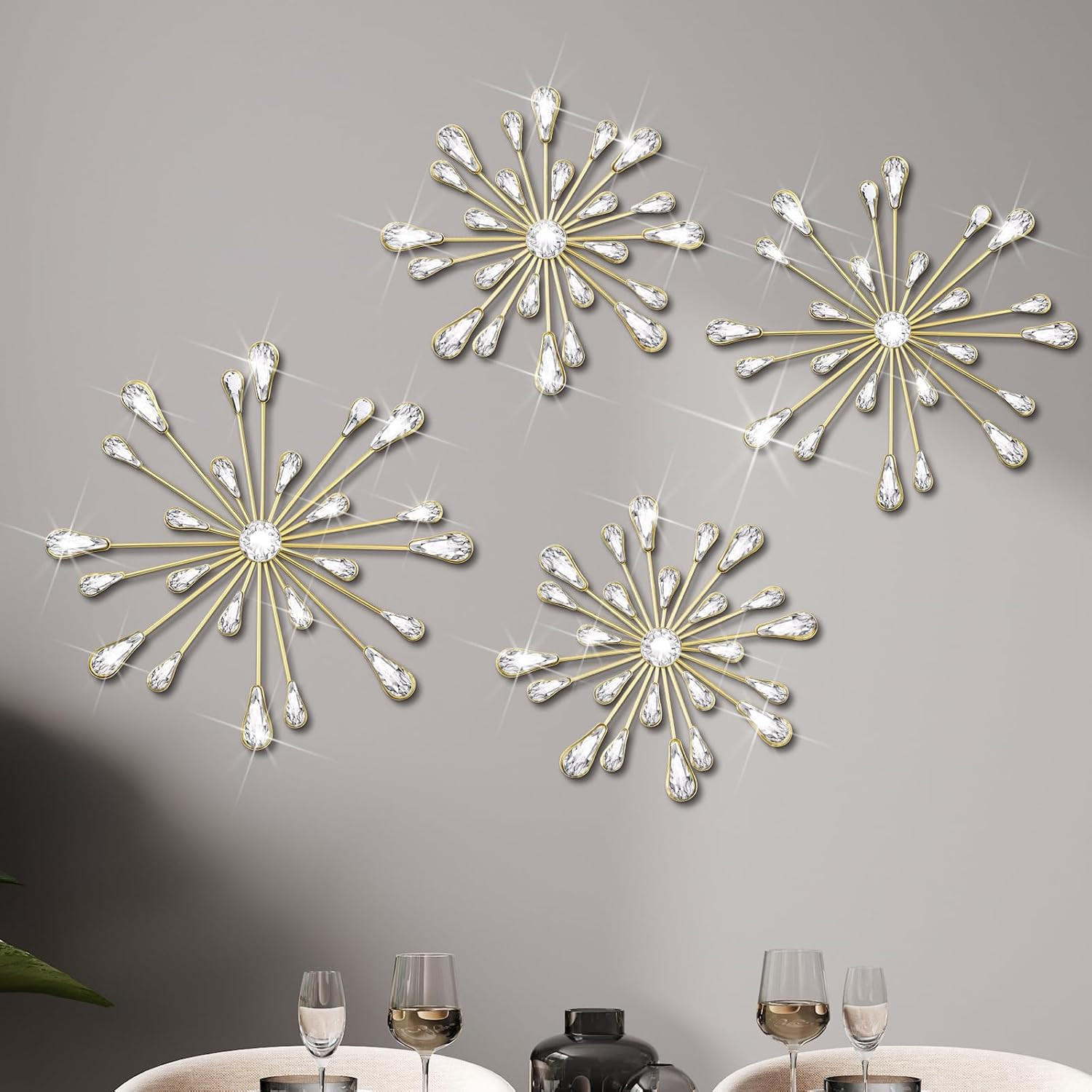 4 Pcs Starburst Wall Decor Bling Wall Art Crystal Teardrop 3D Hanging Rhinestone