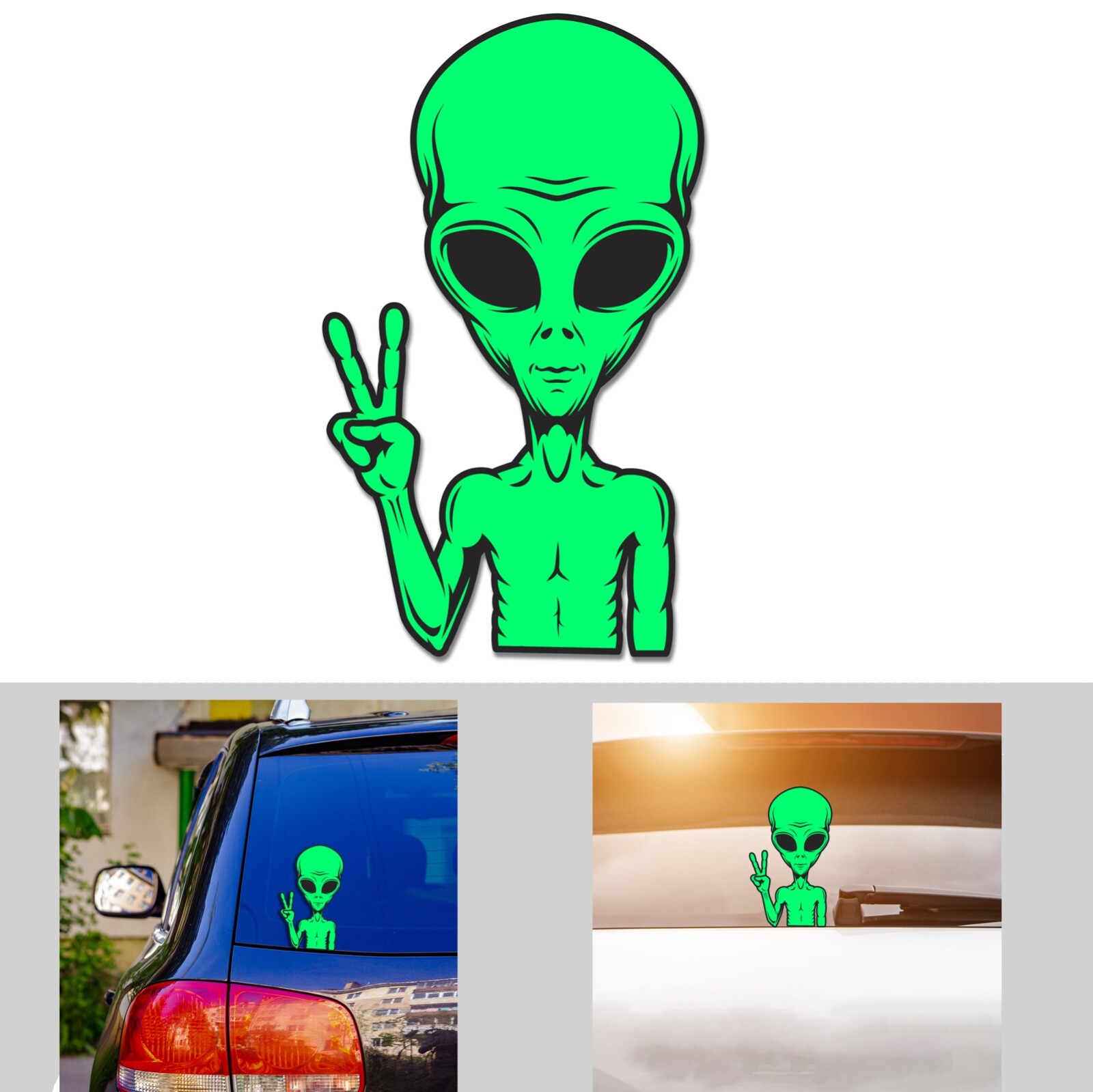 Funny Alien Car Sticker Peace Sign Decal UFO Space Extra Head Vinyl Car Bumper