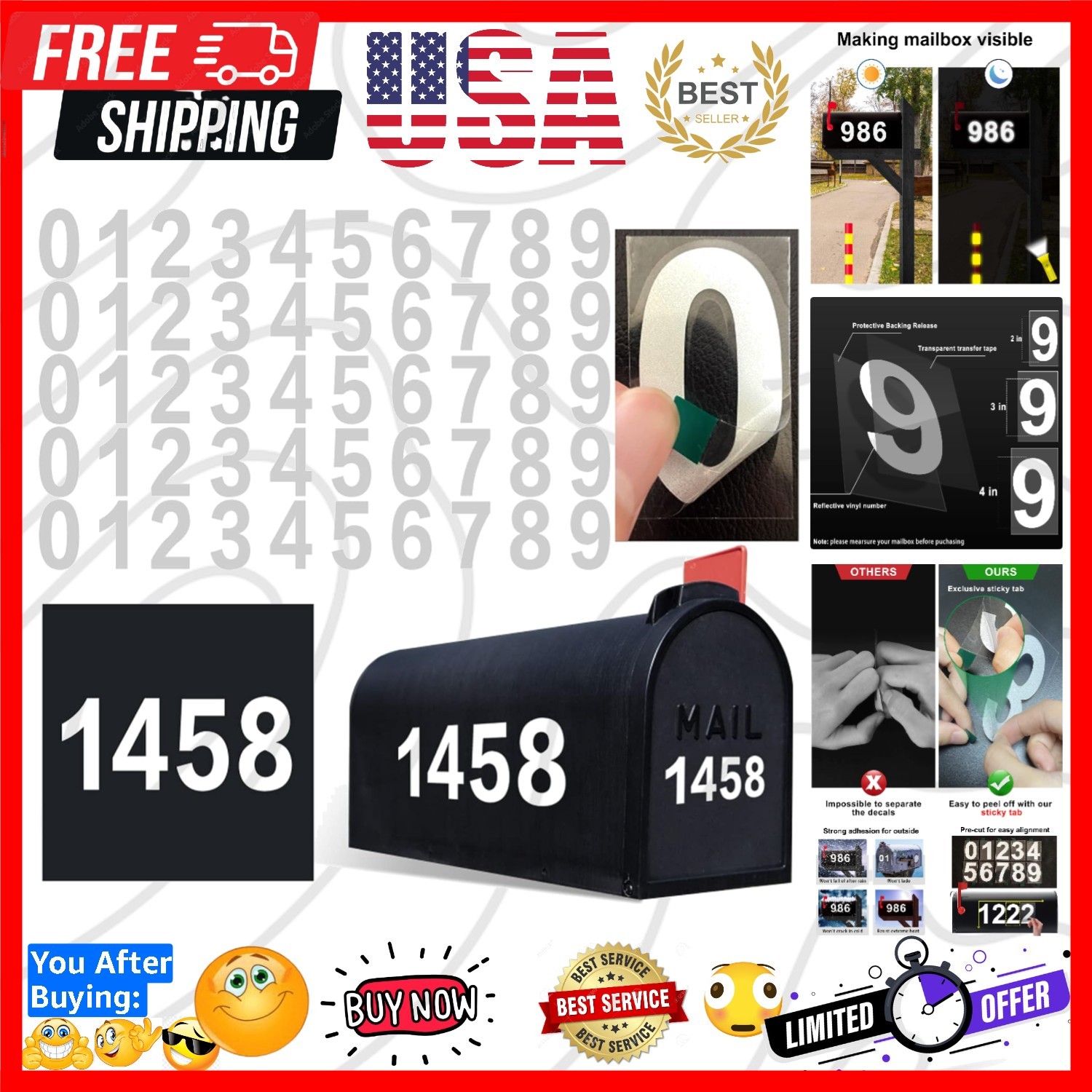 1.5 inch Mailbox Numbers for Outside, 50 Pcs Reflective Number Stickers with …