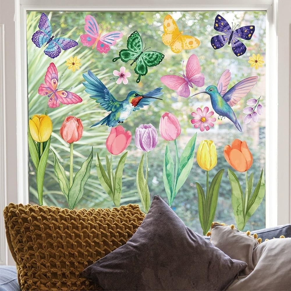 Spring Window Cling Sticker – 83PCS Tulip Butterfly Flower Hummingbirds Windo…