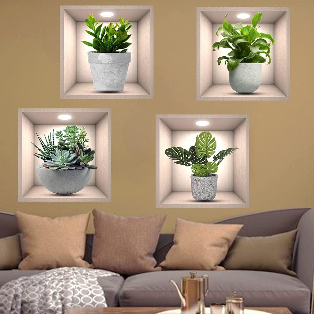 4 Pack 3D Green Plants Wall Stickers Botanical Plants Wall Decals for Bedroom Li