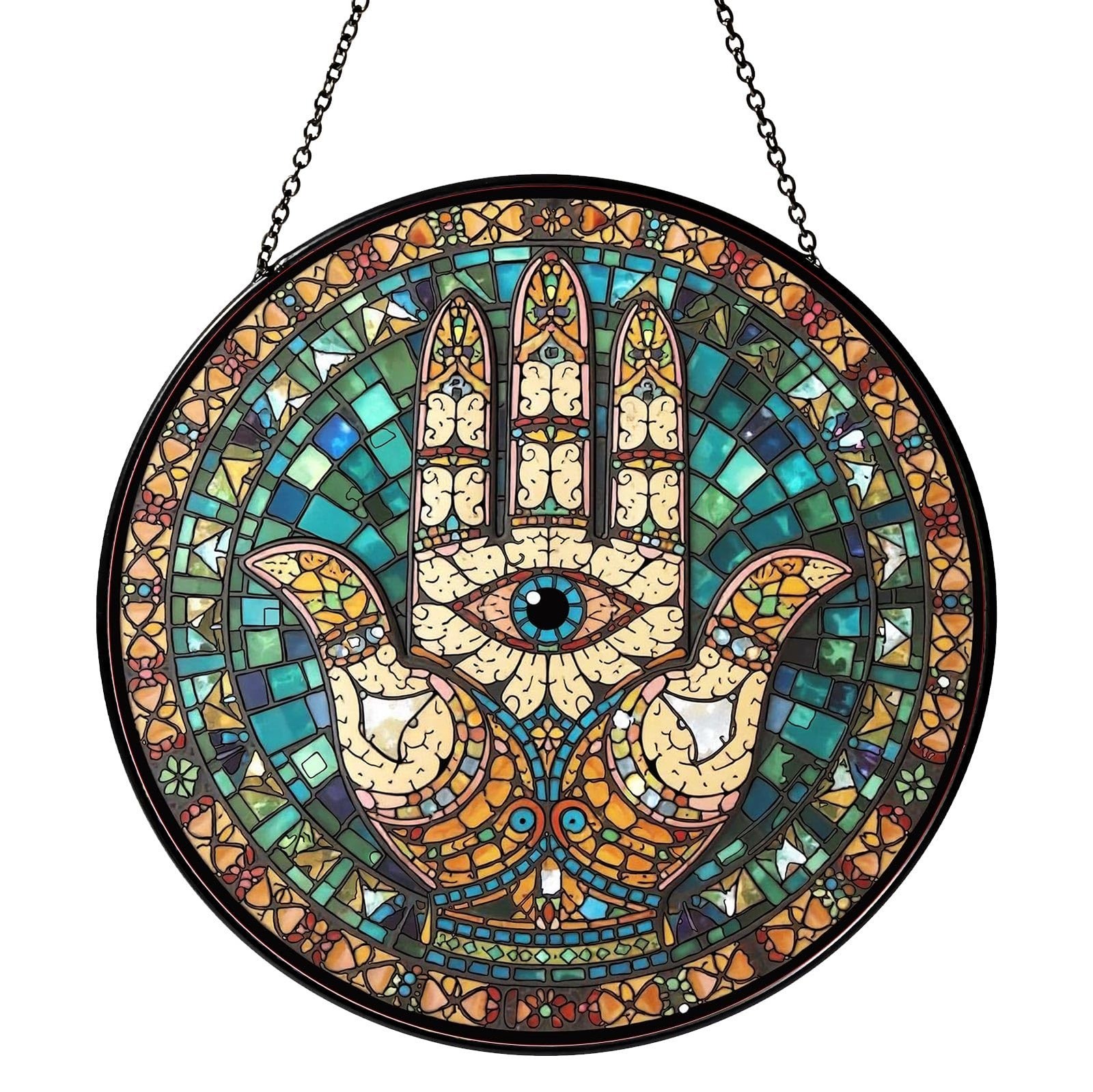 Hamsa Hand Stained Glass Window Hanging Hand of Fatima Sun Catcher Decor Prot…
