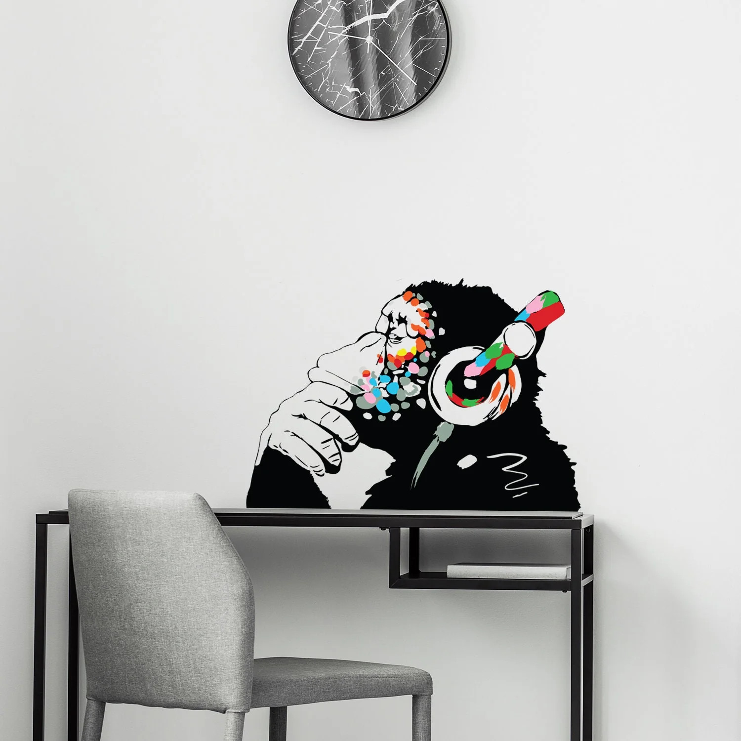 Artist Monkey With Headphones Wall Sticker – Large Bansky Thinking Dj Chimp