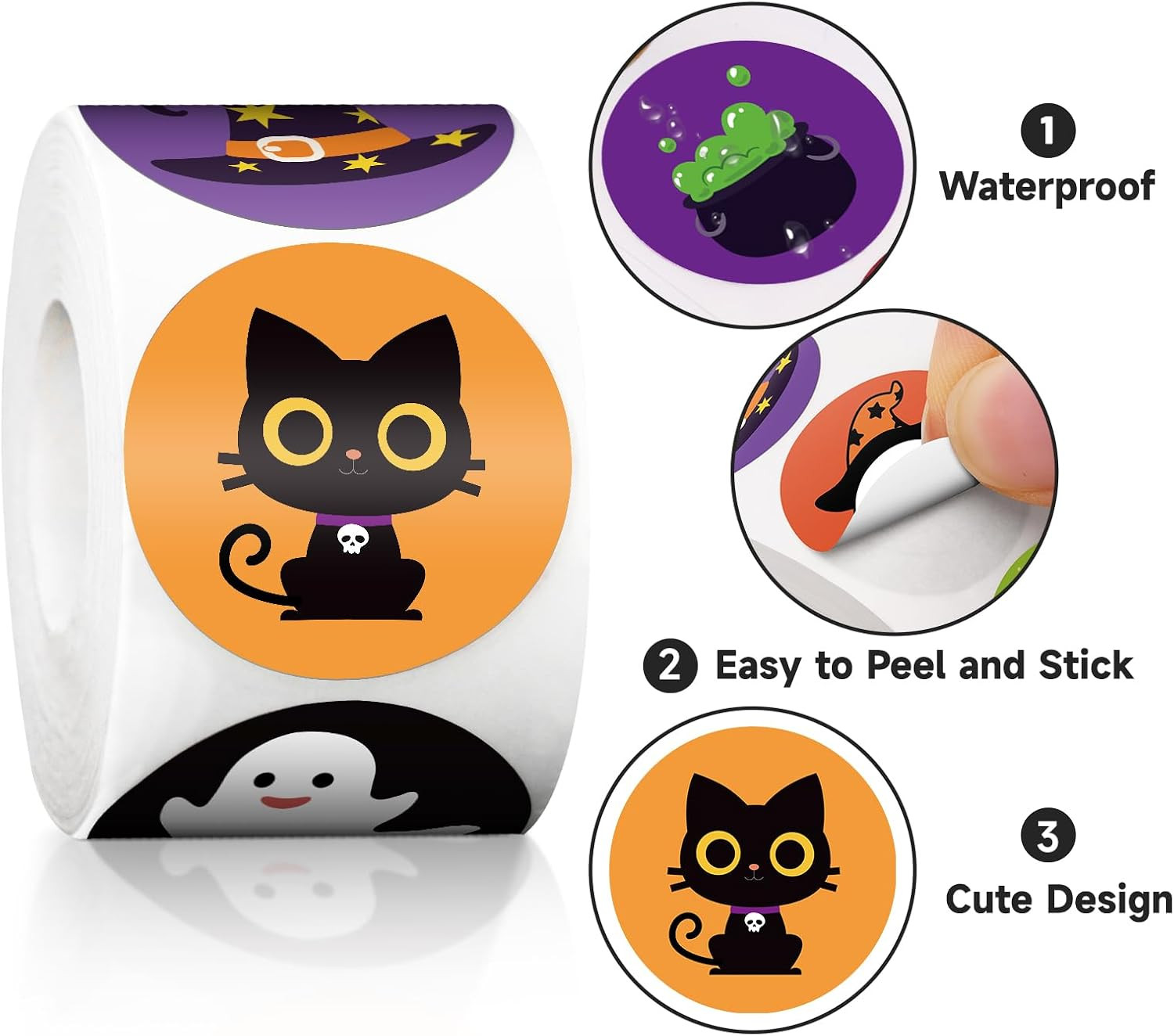 1000 Pcs Halloween Stickers | 1.5 Inch round Pumpkins, Bats, Spiders, Ghosts, Ca