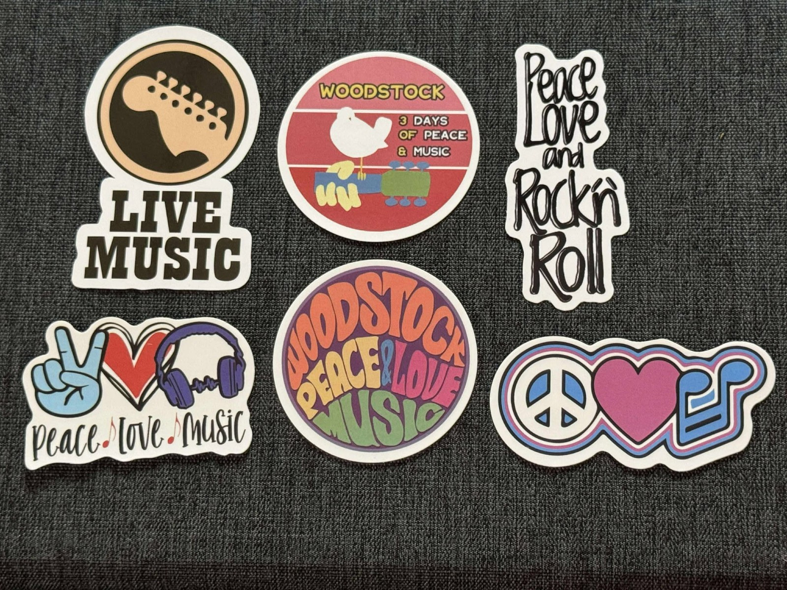 Lot of (6) WOODSTOCK Festival 1" to 3" Logo STICKERS Fast! FREE SHIP Peace Love