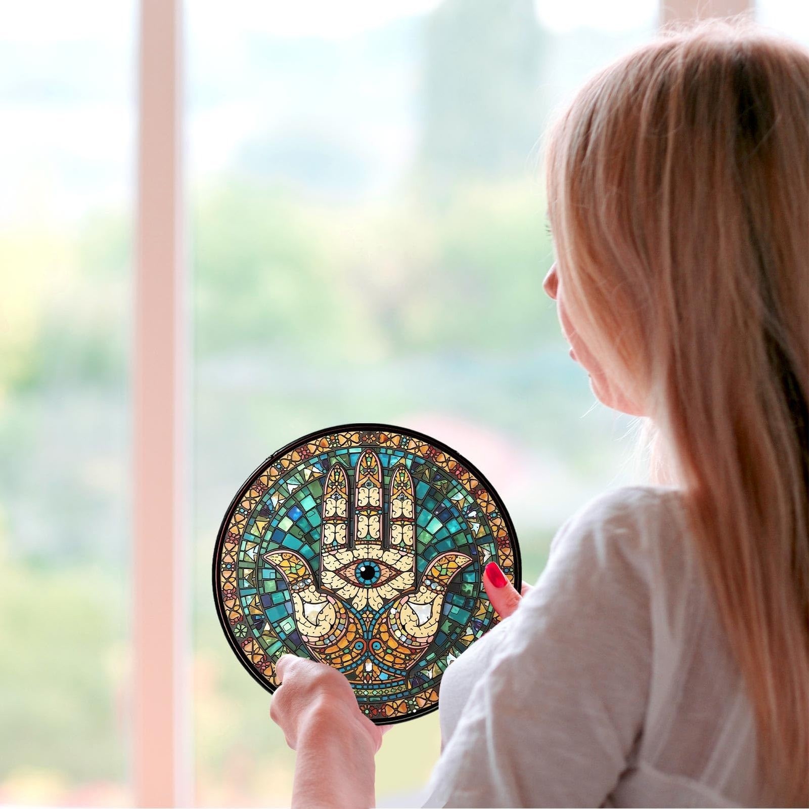 Hamsa Hand Stained Glass Window Hanging Hand of Fatima Sun Catcher Decor Prot…