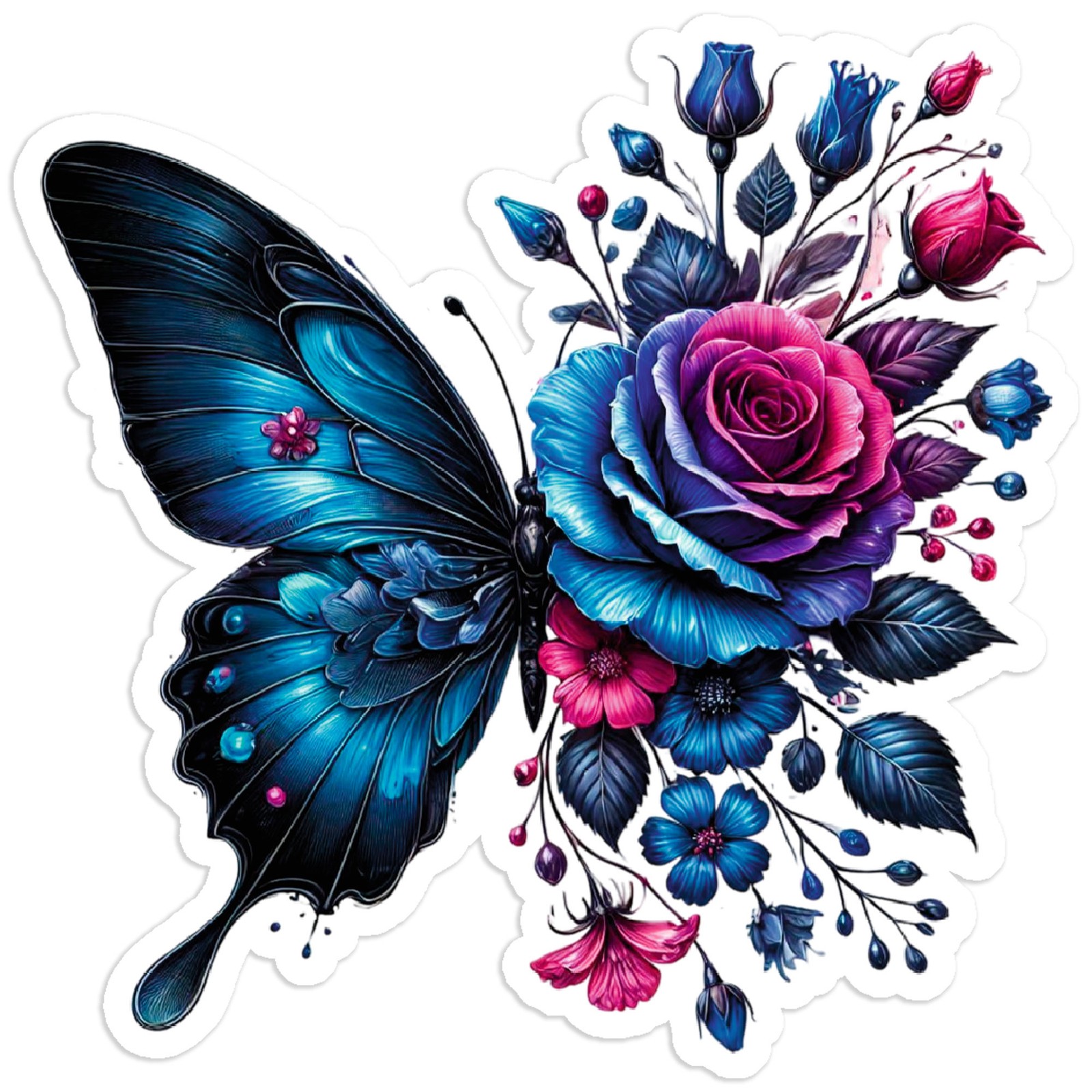 Pink & Blue Rose Butterfly Wings – Vinyl Decal Sticker – Car Window – #214
