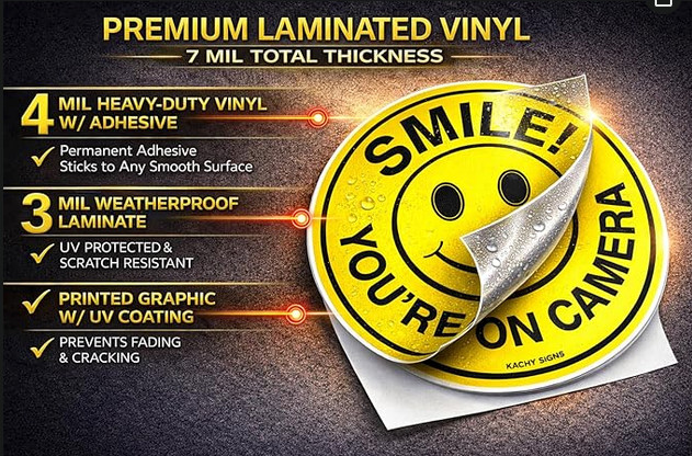 (Set of 5) Smile You're On Camera Sign – 4.5" Circle – 4 Mil Vinyl – Laminated