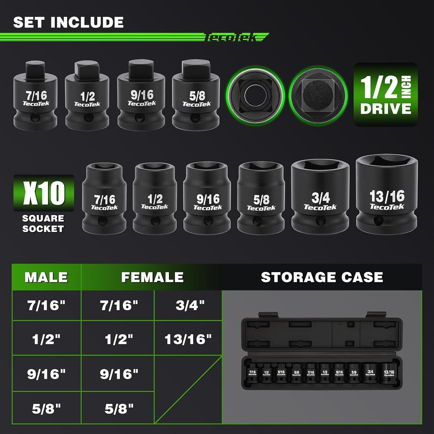1/2" Drive Pipe Plug Socket Set, Square Socket, 10-Piece, SAE, 4 Point…