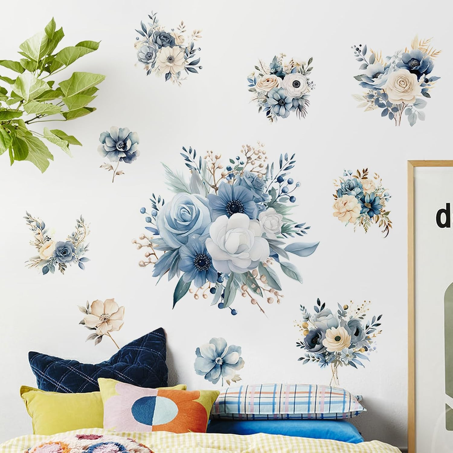 Blue Peony Flower Wall Decals Peel and Stick Rose Leaf Botanical Wall Stickers R