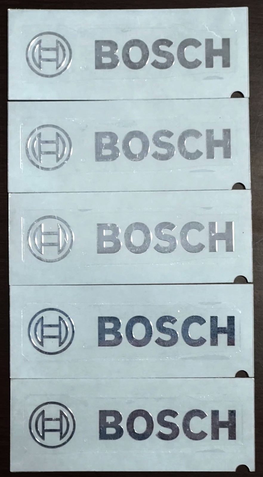 5 X AUTHENTIC BOSCH SILVER METALLIC VINYL DECAL STICKER. MADE IN BAVARIA GERMANY