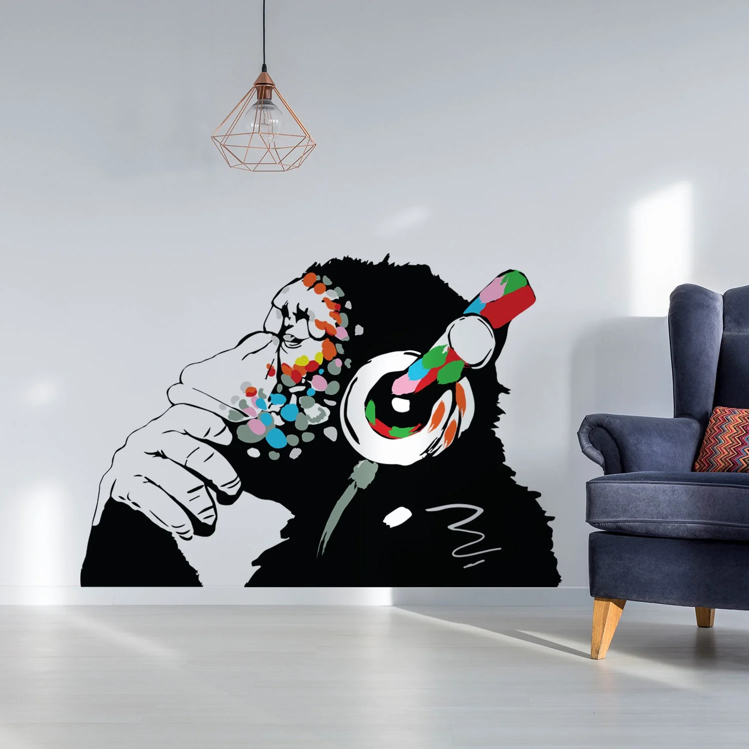 Artist Monkey With Headphones Wall Sticker – Large Bansky Thinking Dj Chimp