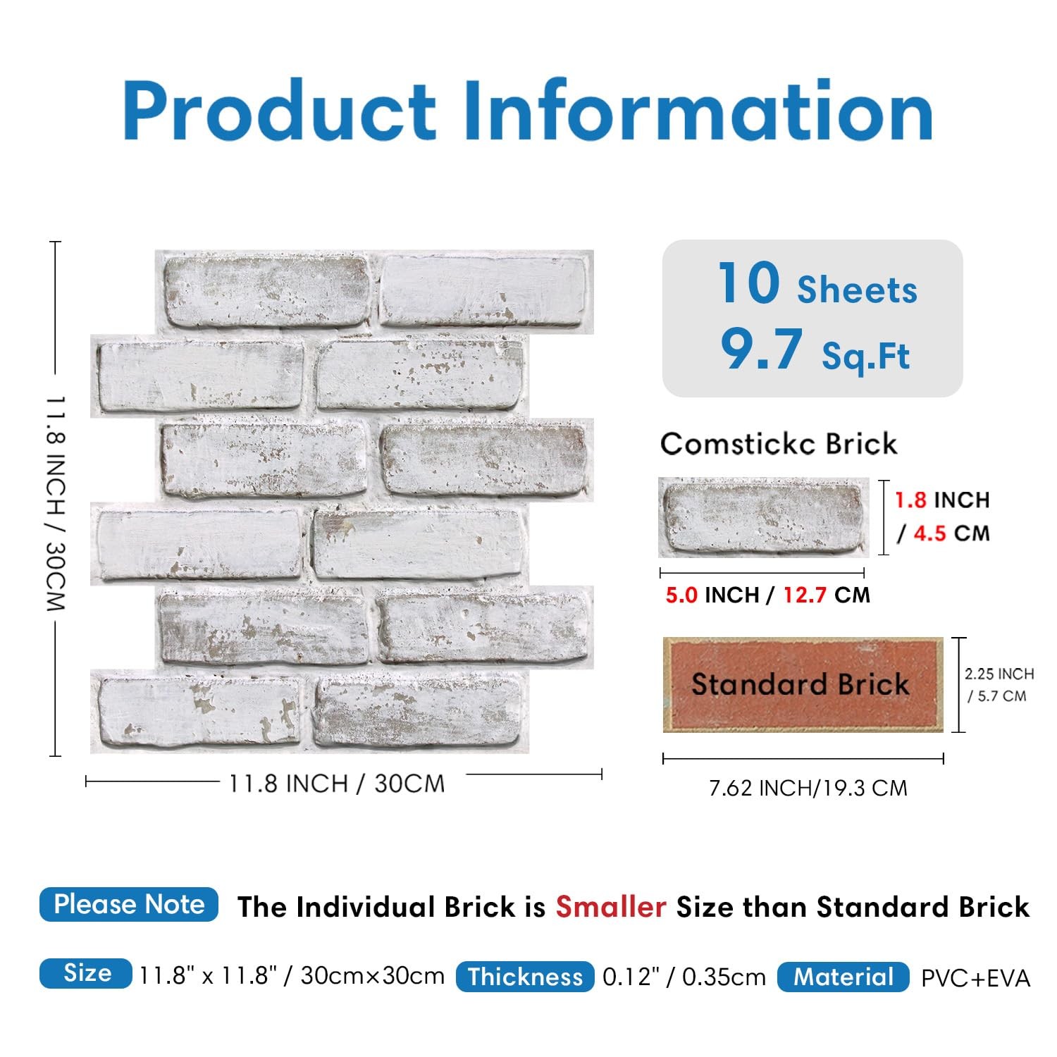 3D Faux Brick Wall Panel Peel and Stick, 10 Pcs of 12"X12", Small Size, Ultra…
