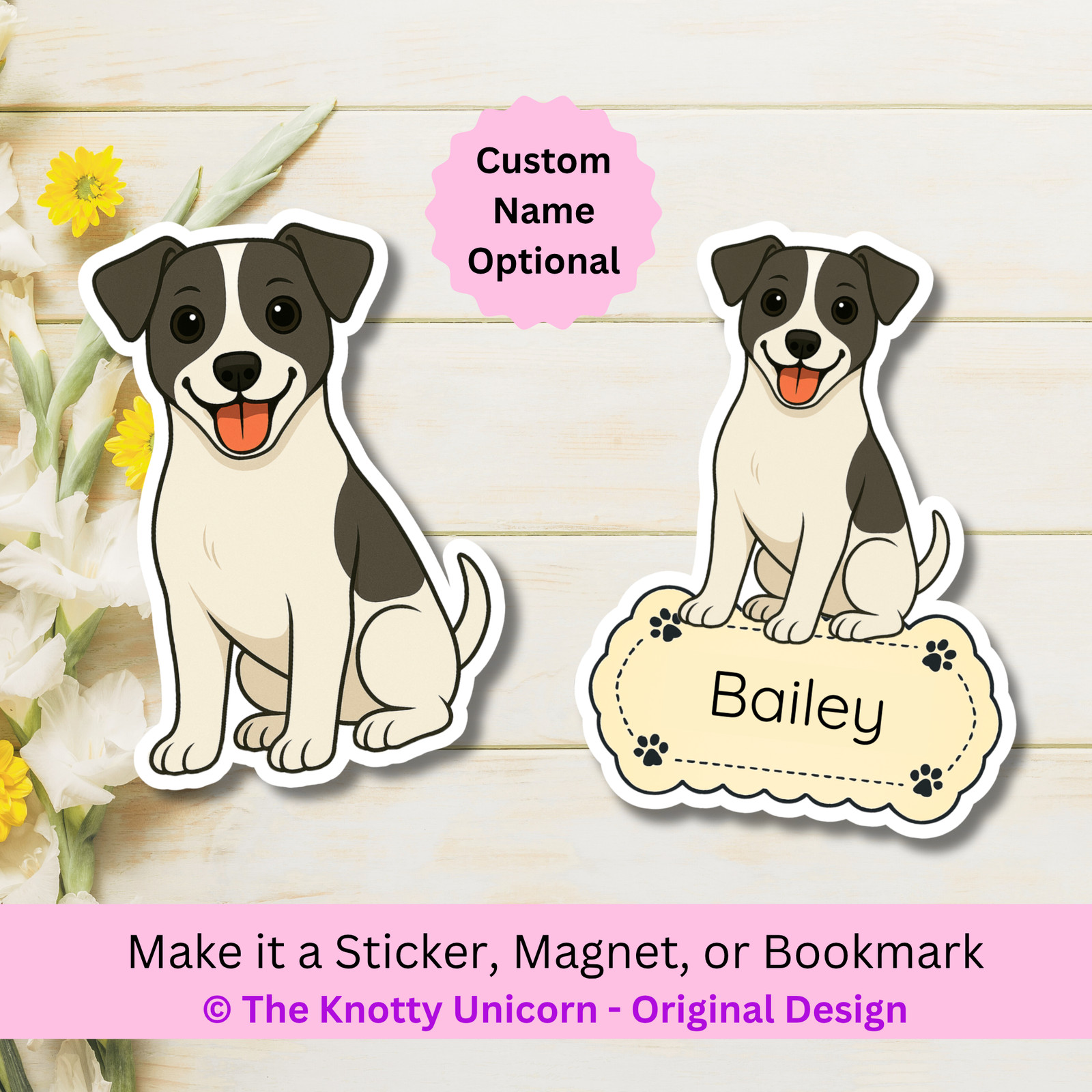Personalized Jack Russell Terrier Dog Sticker Magnet Bookmark – White and Black
