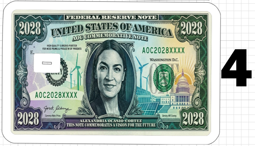 AOC Alexandria Ocasio Cortez 2028 Bill Credit ATM Debit Gift Card Skin Sticker