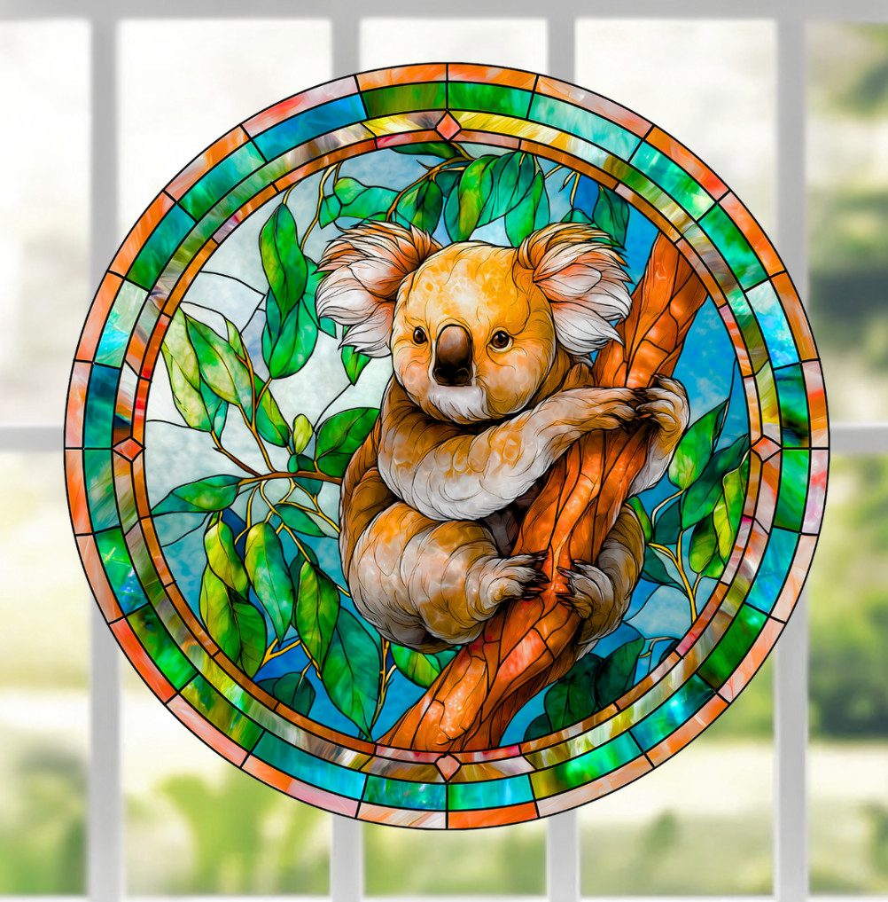 Koala Bear Faux Stained-Glass WINDOW CLING Size 8" Round Repositionable Vinyl
