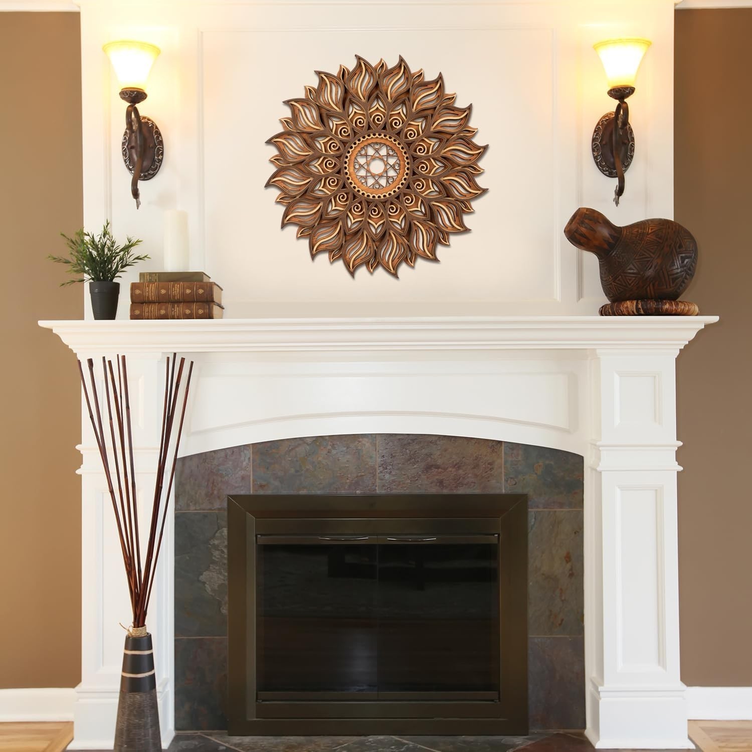 Handcrafted 11.8-Inch Wooden Sun Mandala Decor for Elegant Spiritual Spaces