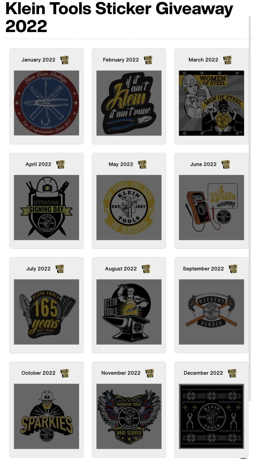 Klein Tools Tradesman Club Inaugural Year 2022 Limited Sticker COMPLETE SET (12)