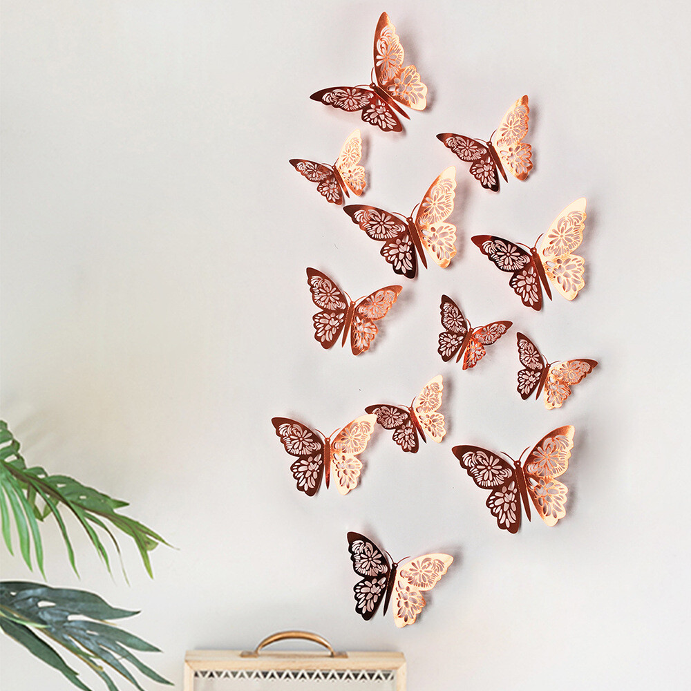 12 pcs 3d cute rose, silver, and gold butterfly wall decor, party, wedding, diy