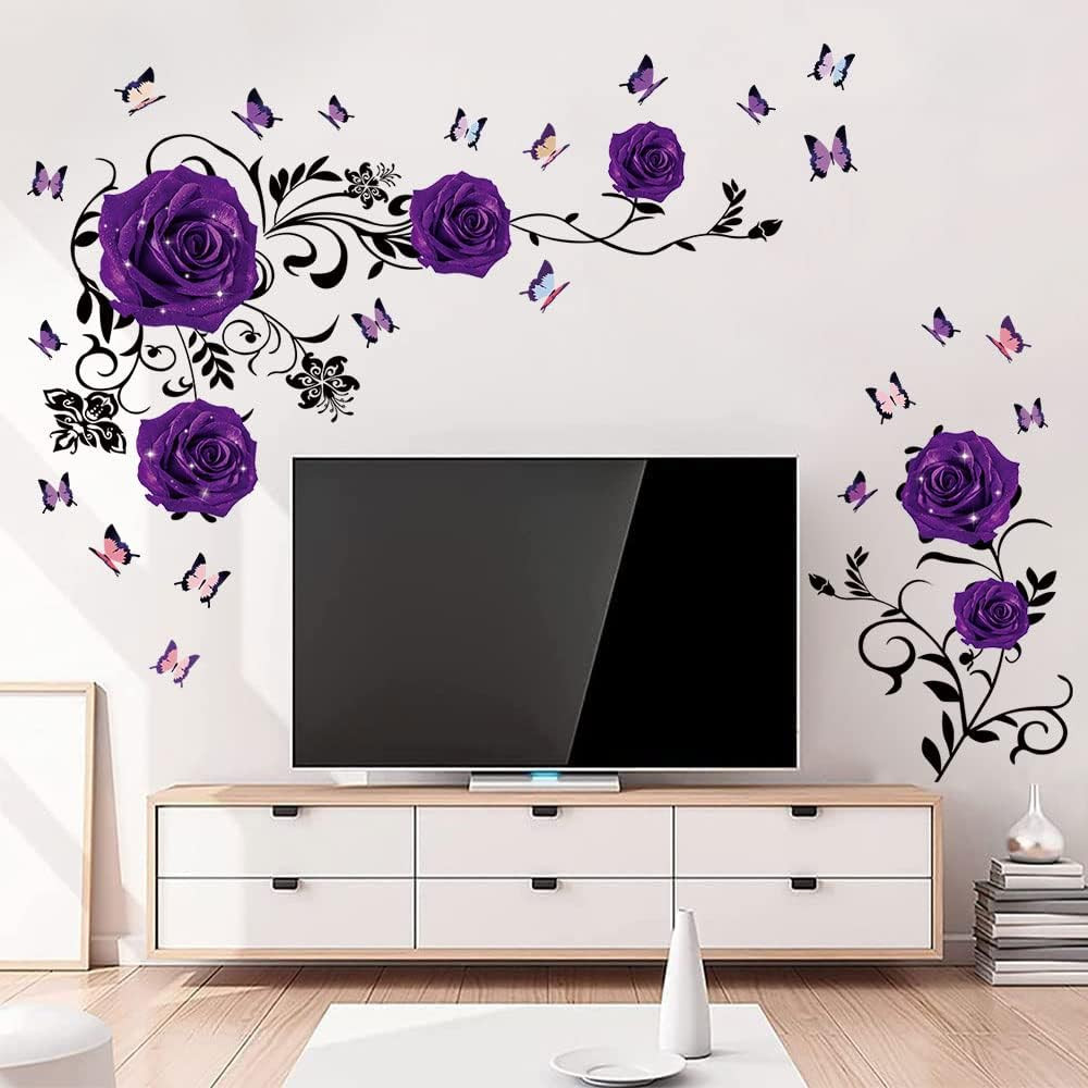 Purple Rose Wall Stickers Rose Flower Vine Wall Decal Purple Peony Floral Wall D
