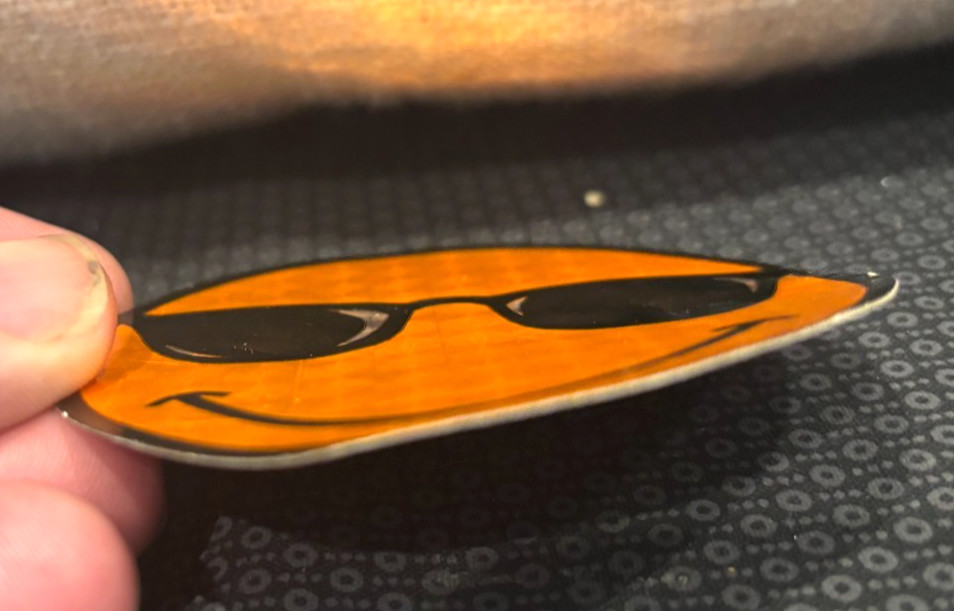 Vintage! Smiley Face with Black Sunglasses Sticker ~Orange Gold Prism Glitter 3"