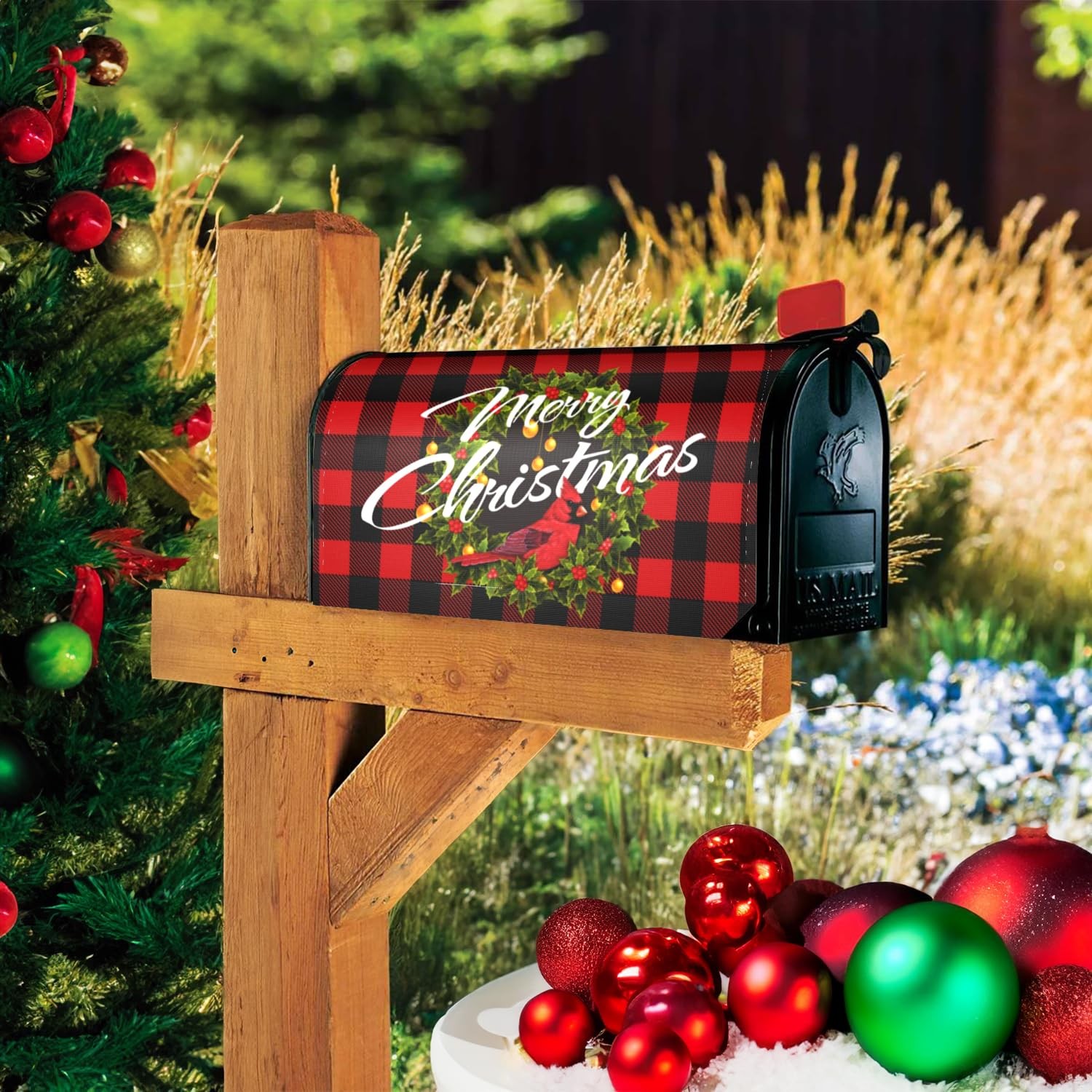 Merry Christmas Magnetic Mailbox Cover – Winter Xmas Wreath Red One Size,