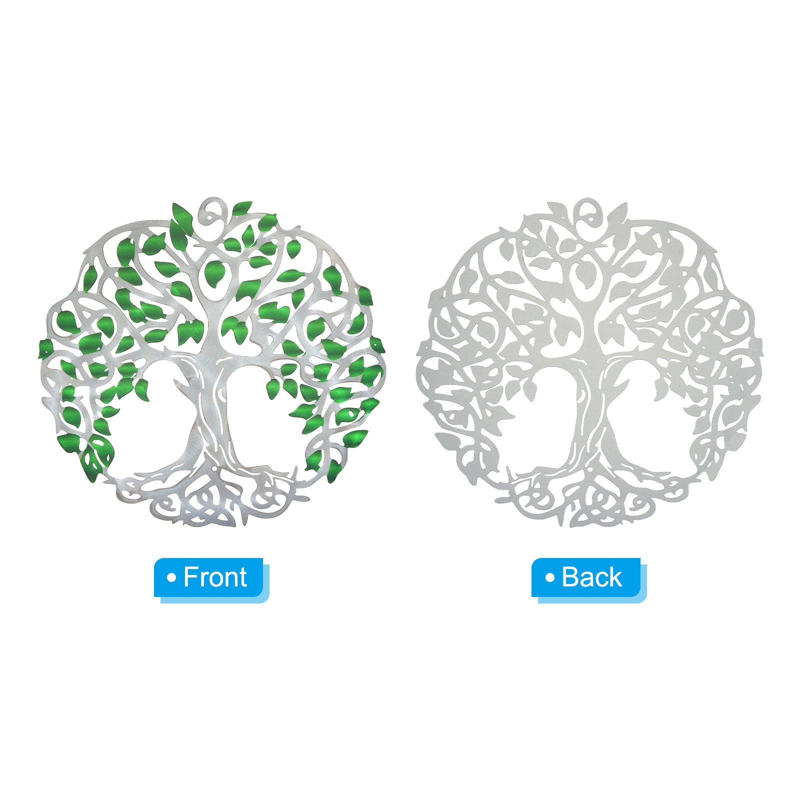 Metal Tree Leaf Hanging Sign Tree of Life Wall Sculpture Decoration Green Silver