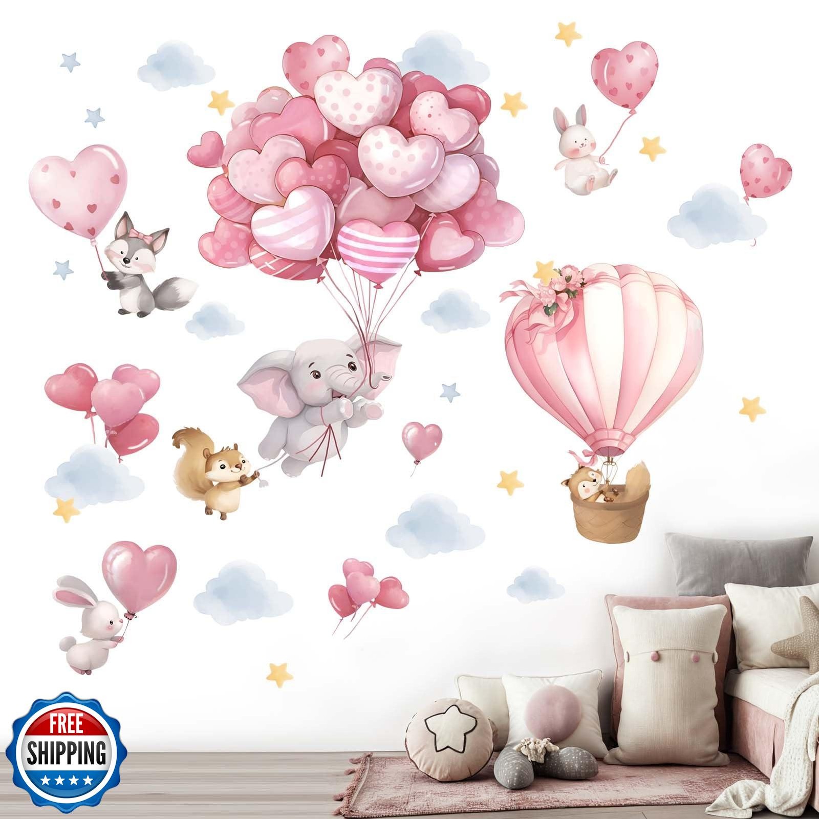 Animals Balloon Wall Stickers for Nursery: Baby Girls Kids Boys Bedroom Wall