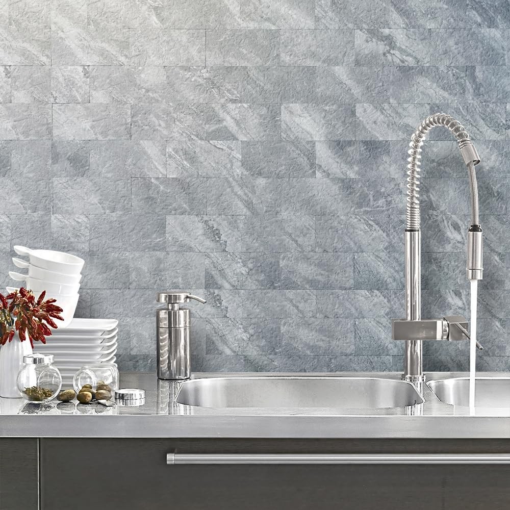 100-Piece Peel and Stick Backsplash Wall Tiles, 3" x 6" PVC Grey Marble Faux …