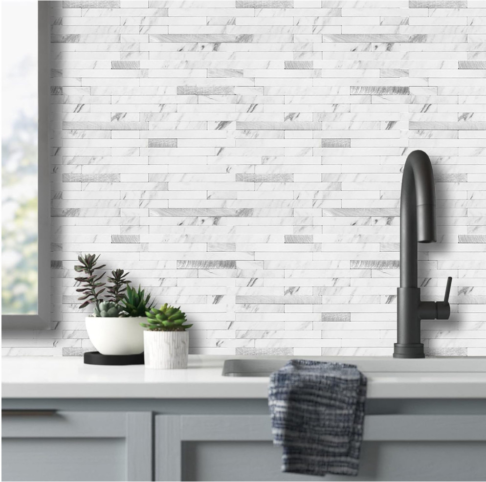 AULIGET 20 Sheets Faux Stone Peel and Stick Backsplash, White Marble Look PVC