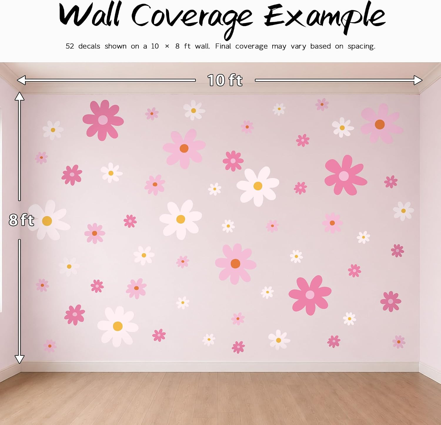 Large Daisy Wall Decals – 52 Pcs Pink Peel and Stick Flower Wall Stickers for Be