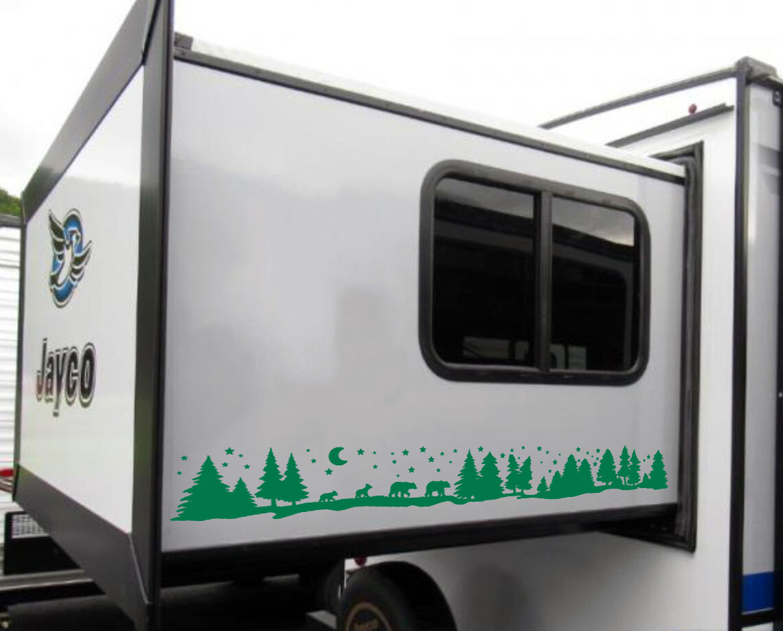 Bear Family of 4 Moon Scene Vinyl Decal V5 | Forest Stars RV Graphics Sticker