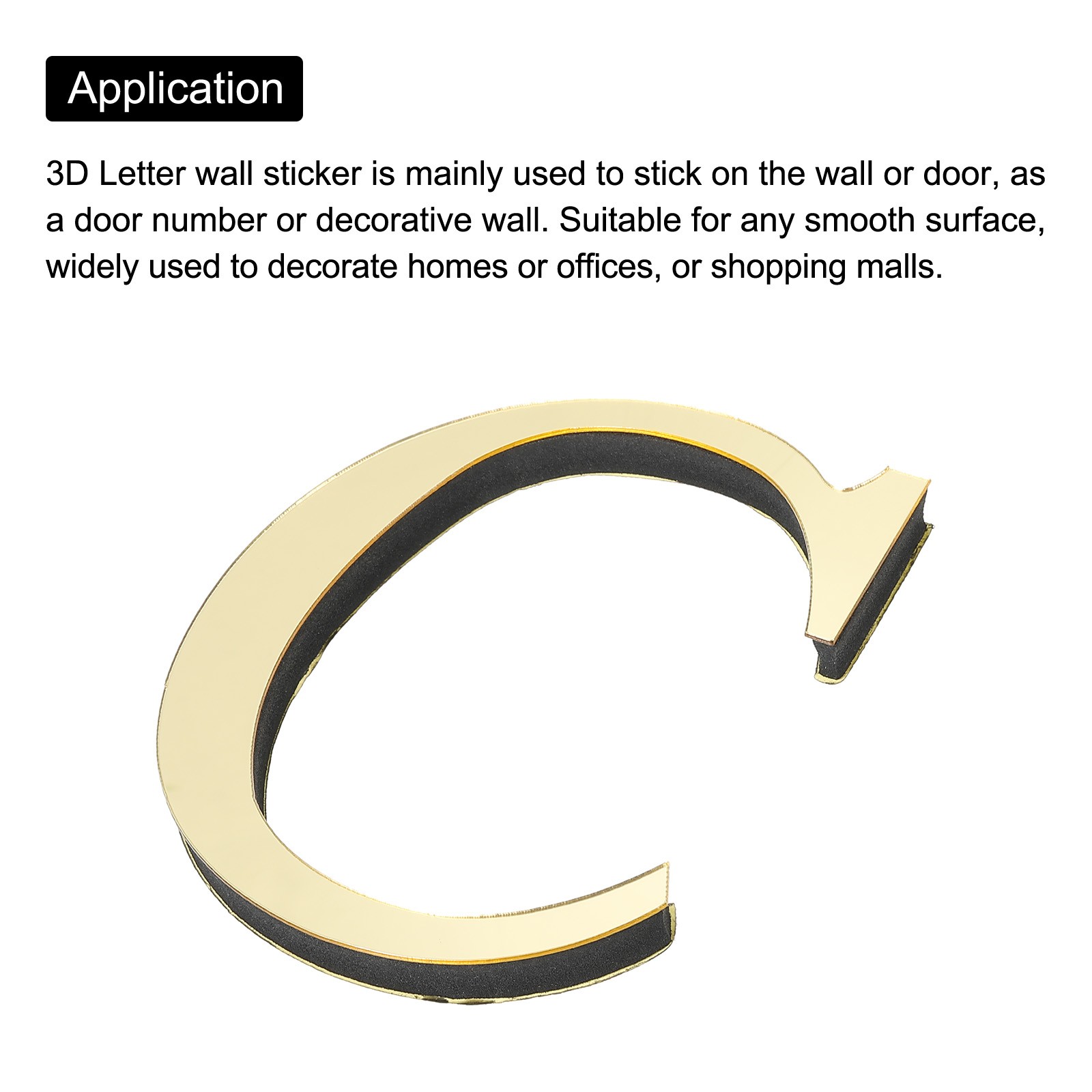 3D Acrylic Alphabet Mirror Wall Stickers Letter C Self Adhesive Light Gold