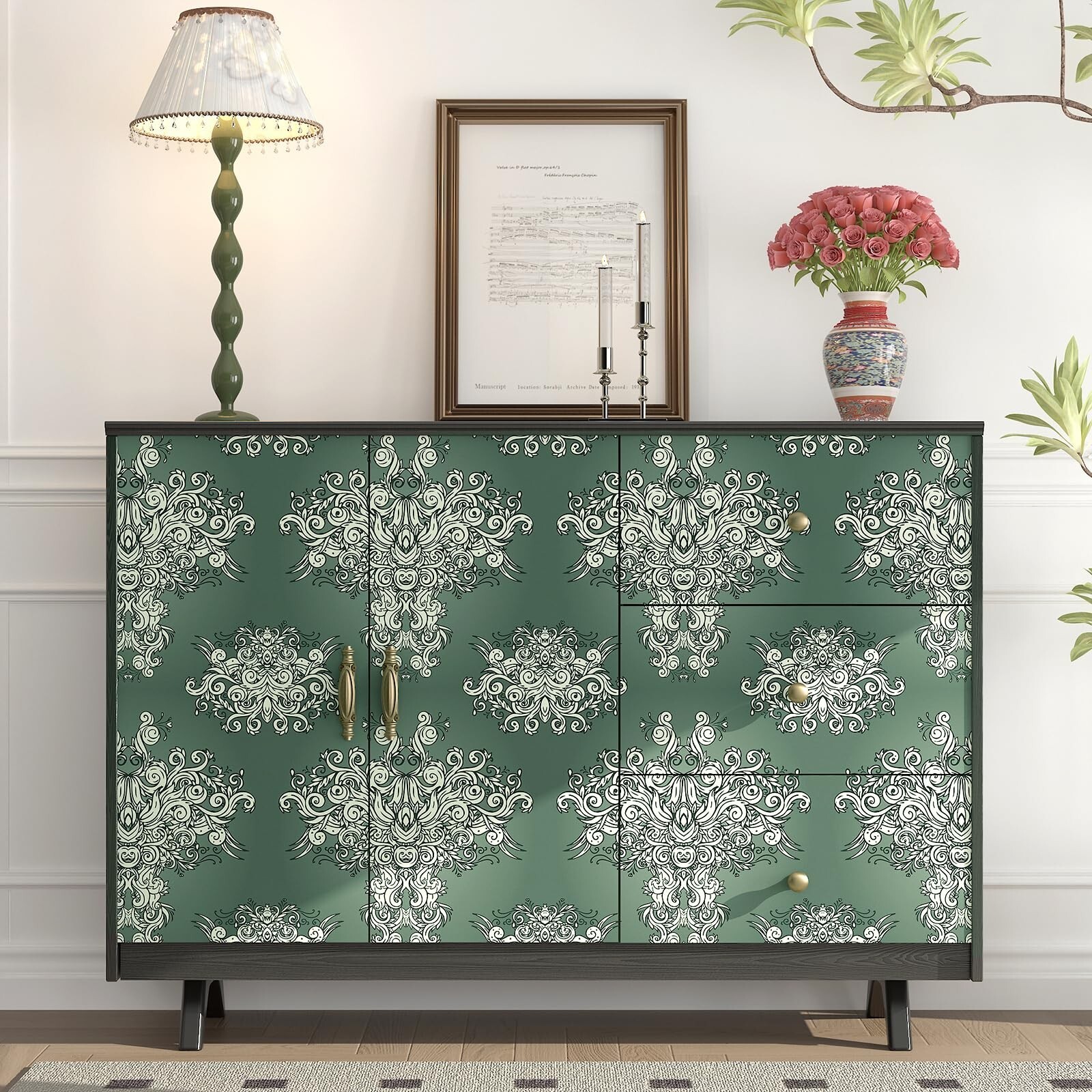 FunStick Damask Wallpaper Peel and Stick Vintage Green Victorian Wallpaper Re…