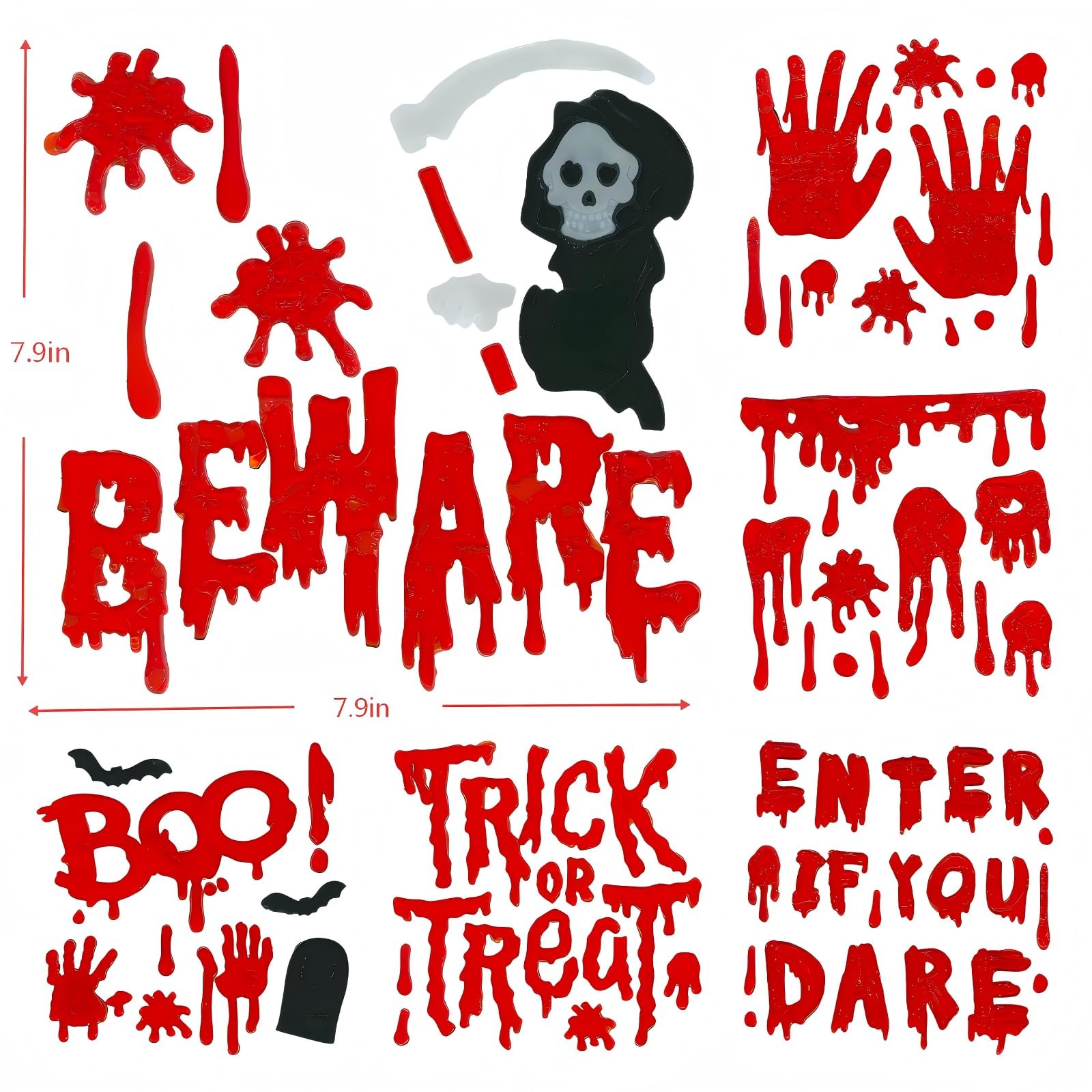 Gift&Fun 6 Sheets Halloween Window Gel Clings,7.9 x 7.9 Assorted Sizes, Red