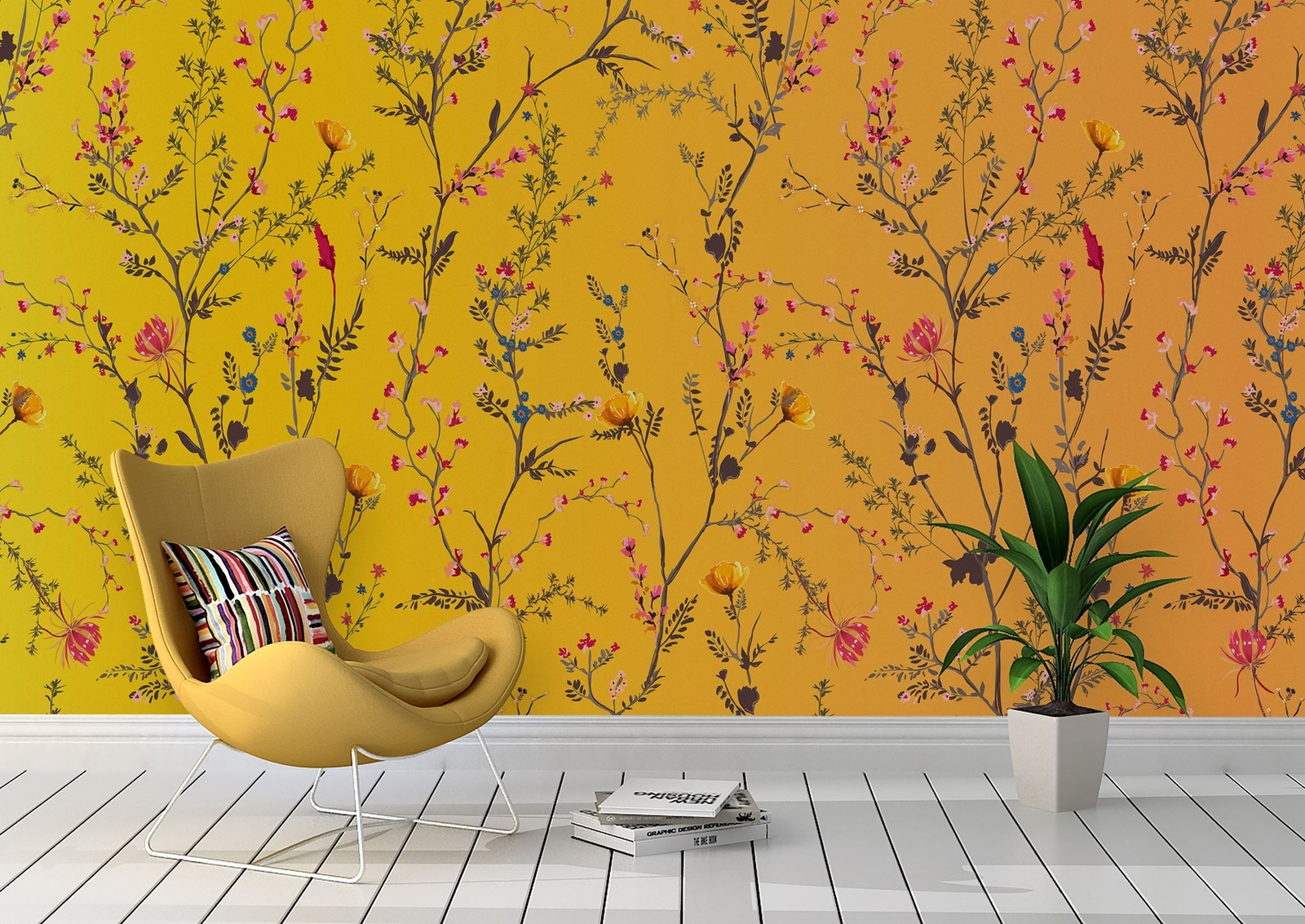 Botanical Flower Garden With Yellow Orange Background Wall Mural. Blossom Flower