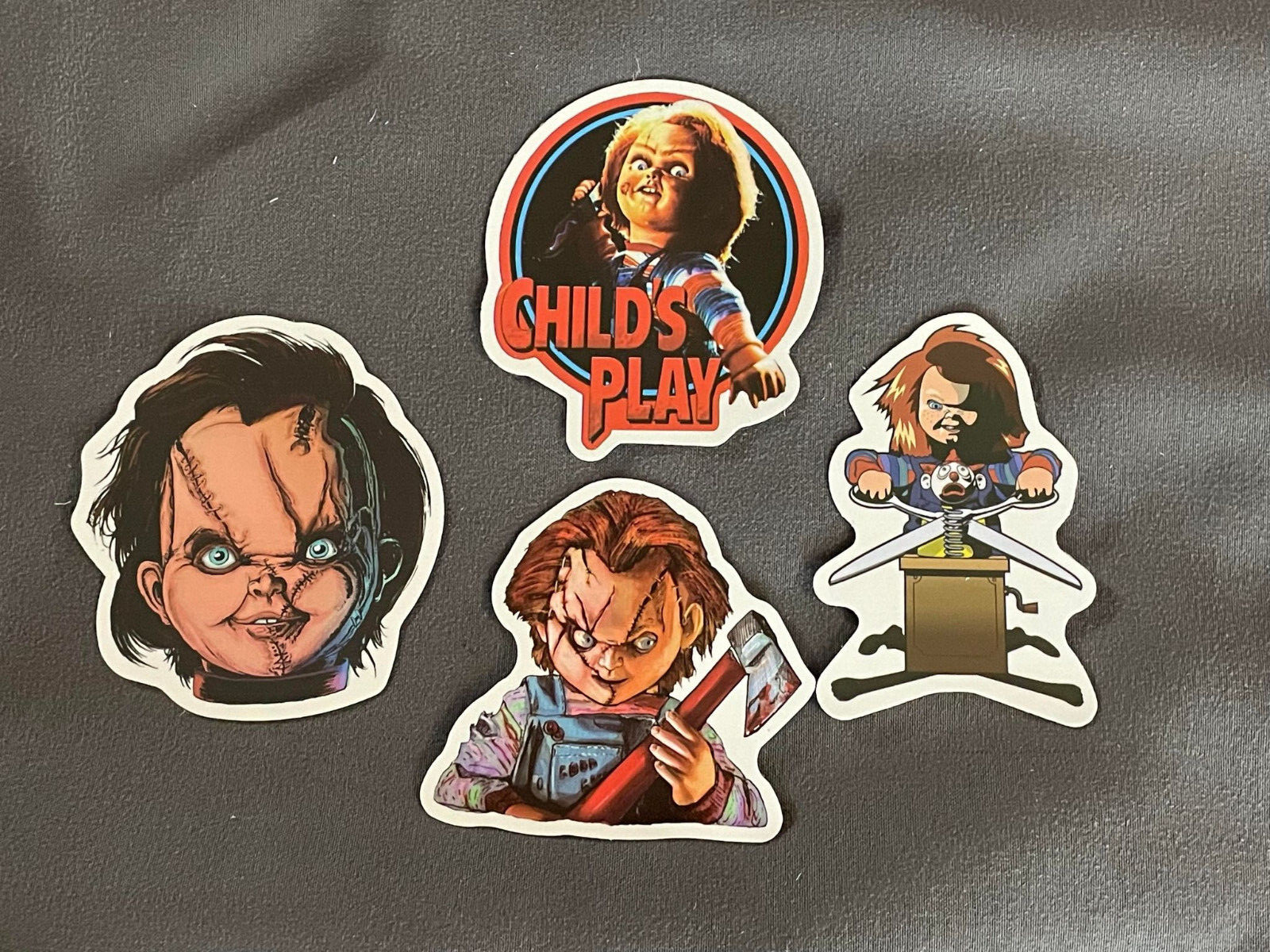 Lot (4) CHUCKY 1 1/2" to 2 1/2" CHILD'S PLAY Stickers FAST! FREE SHIP! Halloween
