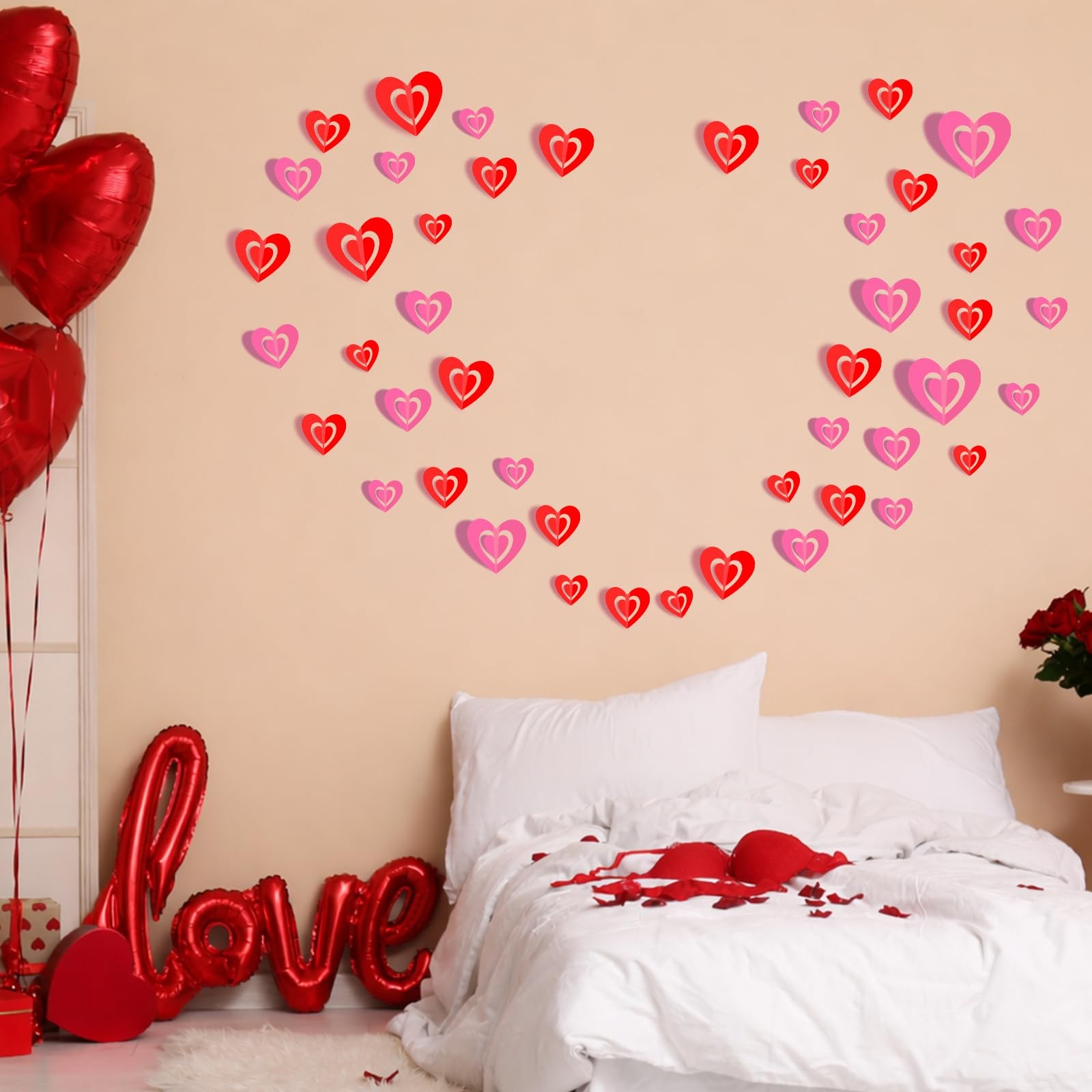 60 Pcs Valentines Day Wall Decals, 3D Valentines Day Stickers Heart Wall Stic…