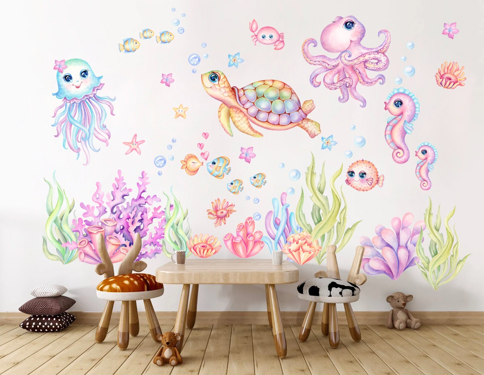 Baby Turtle Octopus Seahorse marine life Underwater World Wall Decal Sticker