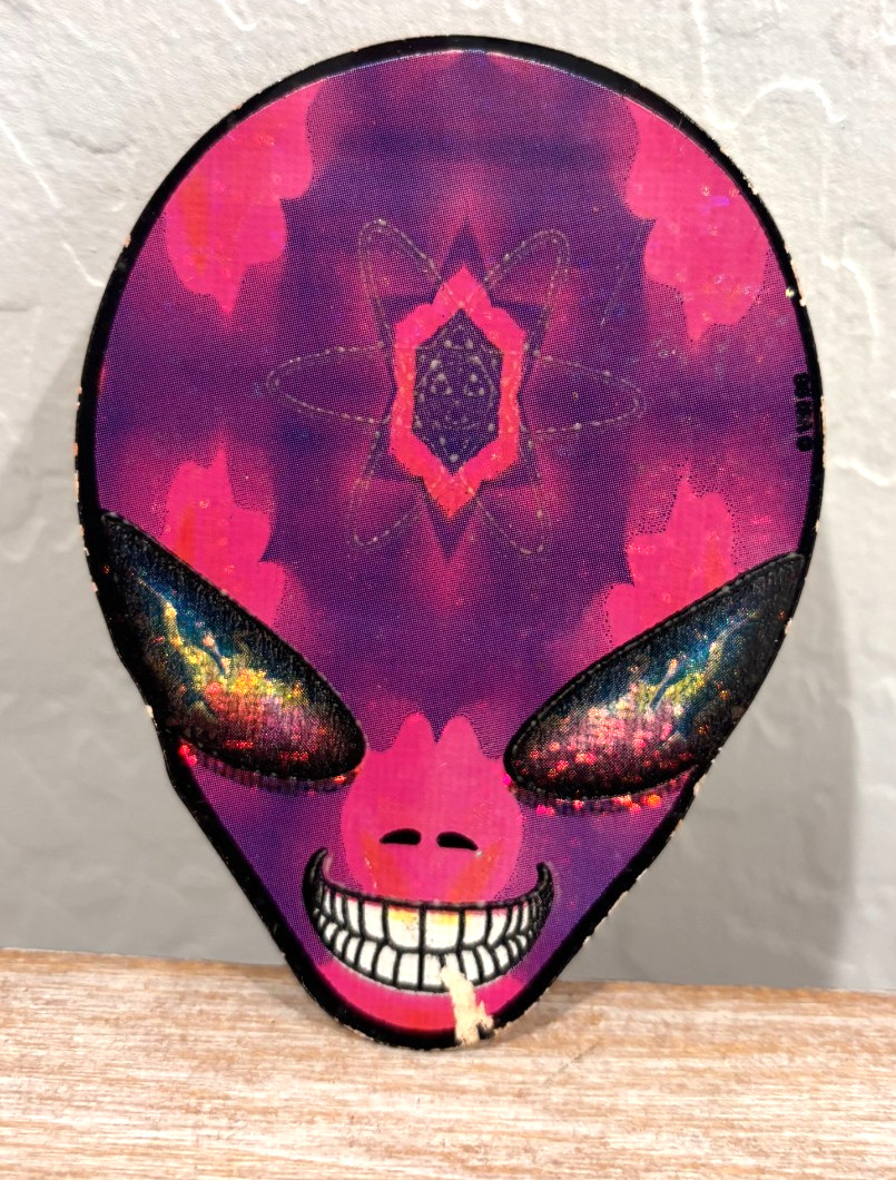 Vintage! Unique Alien Head Sticker! Glitter Eyes! Colorful Purple & Pink! ~3.5"!