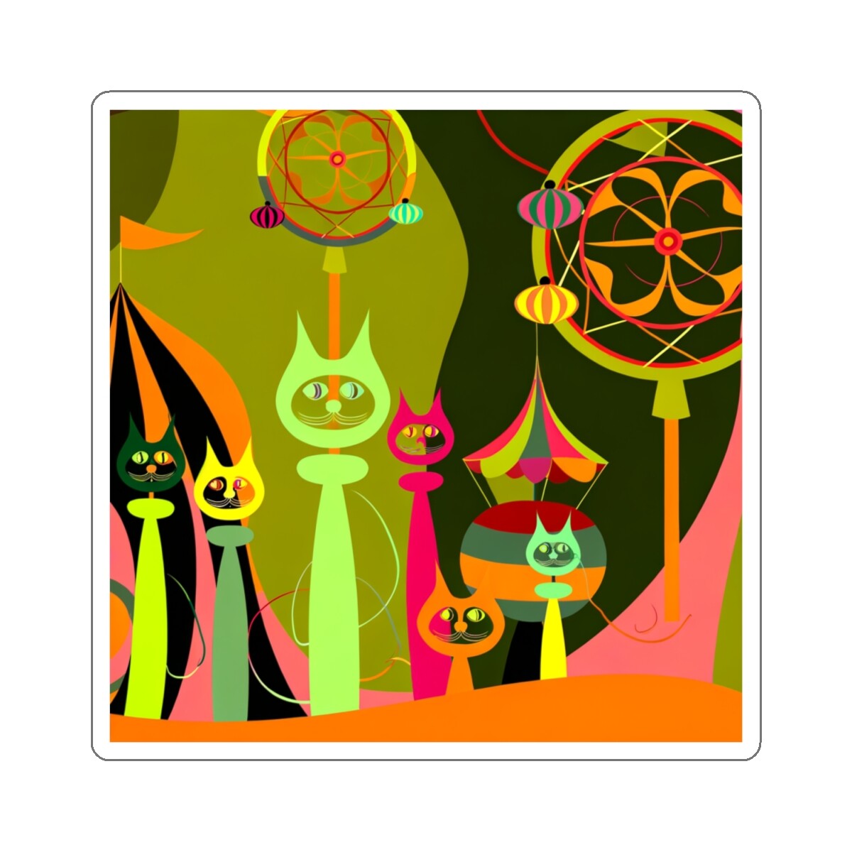 Sticker Mid Century Modern Cats at the Carnival Abstract Art 2×2" 3×3" 4×4" 6×6"