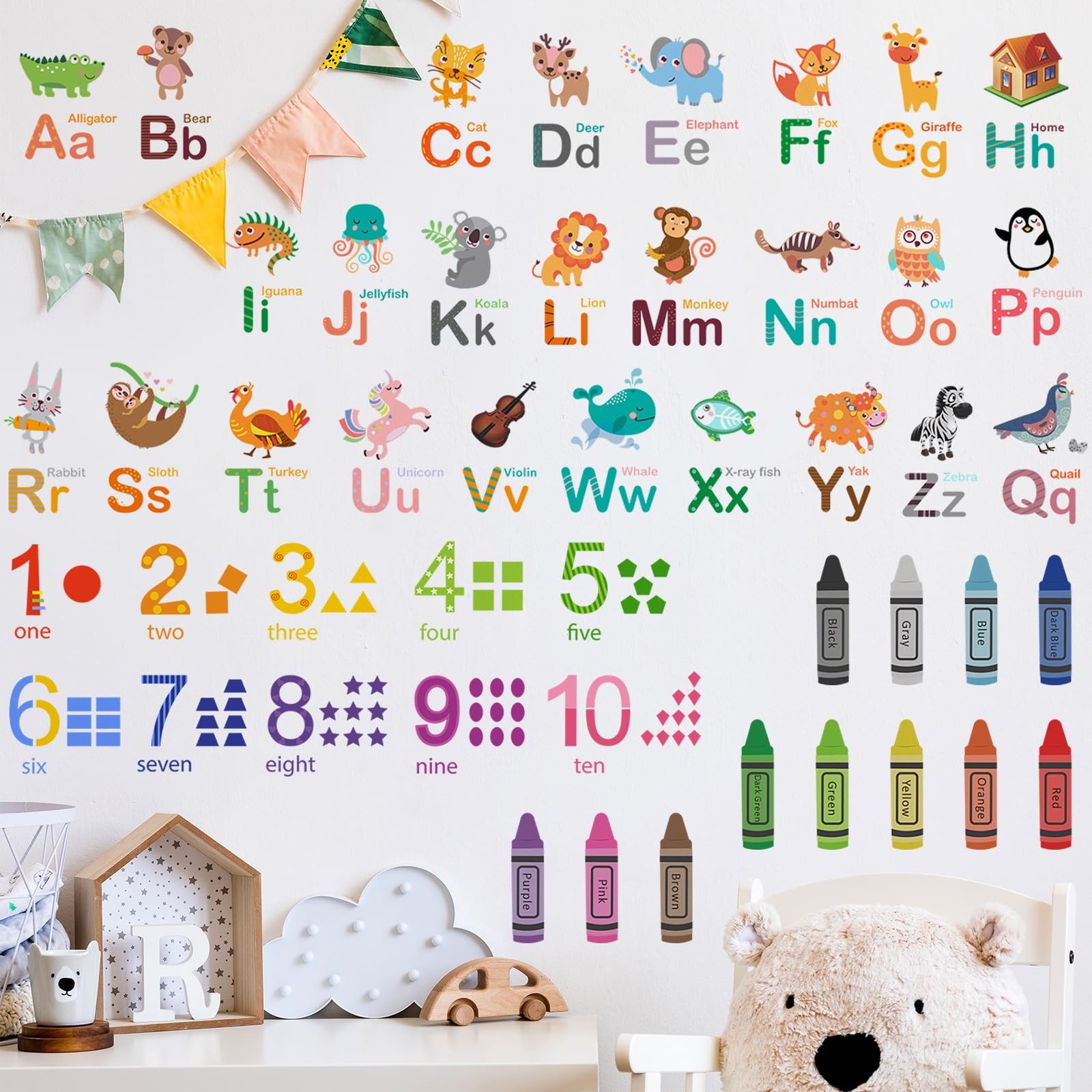 Animals Alphabet Numbers Wall Decals for Kids Room Colouring Pencils Wall Sti…