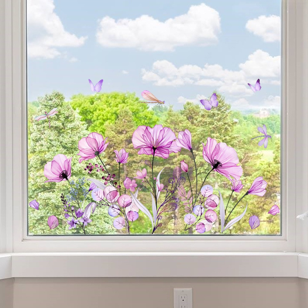 Purple Butterfly Flower Electrostatic Window Decal for Glass 11.81 x 23.62 in