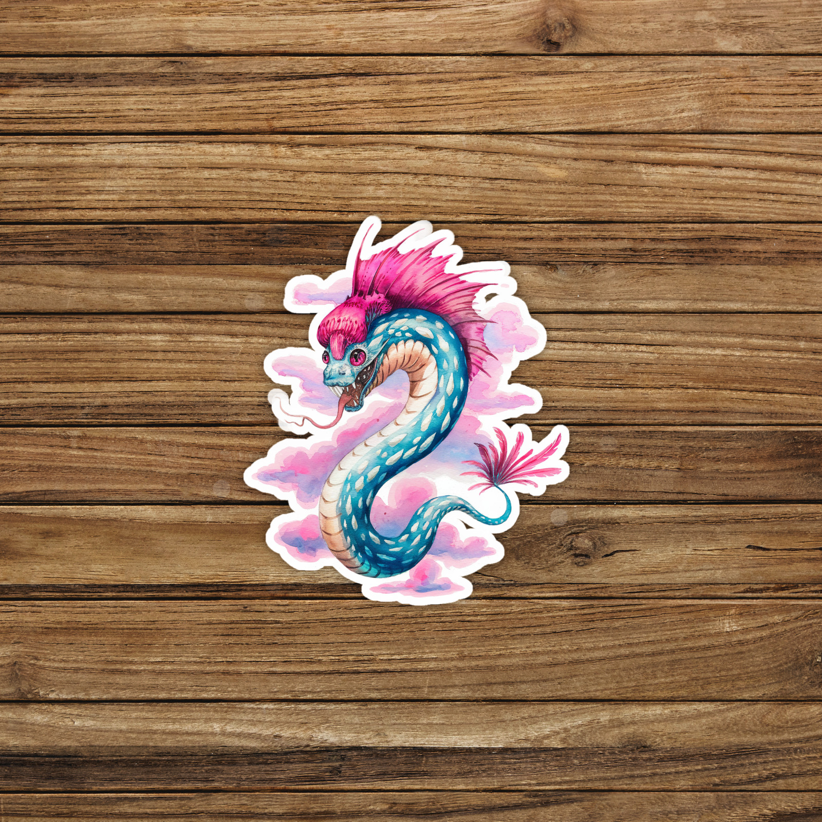 Vibrant Pink Blue Fantasy Dragon Vinyl Sticker, Watercolor Mythical Creature Art
