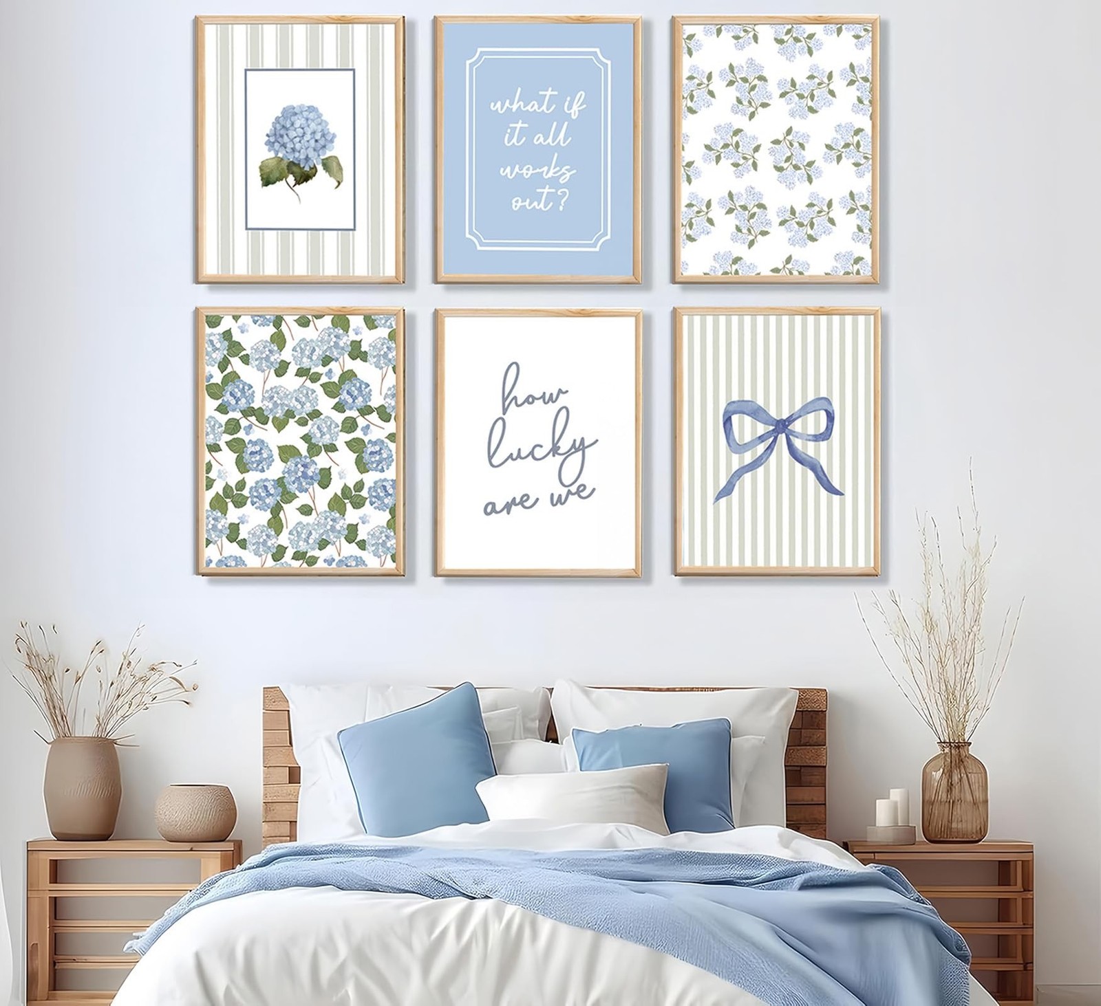 6 Pcs Blue Hydrangea Bow Canvas Wall Art How Lucky Are We Poster Prints Trend…