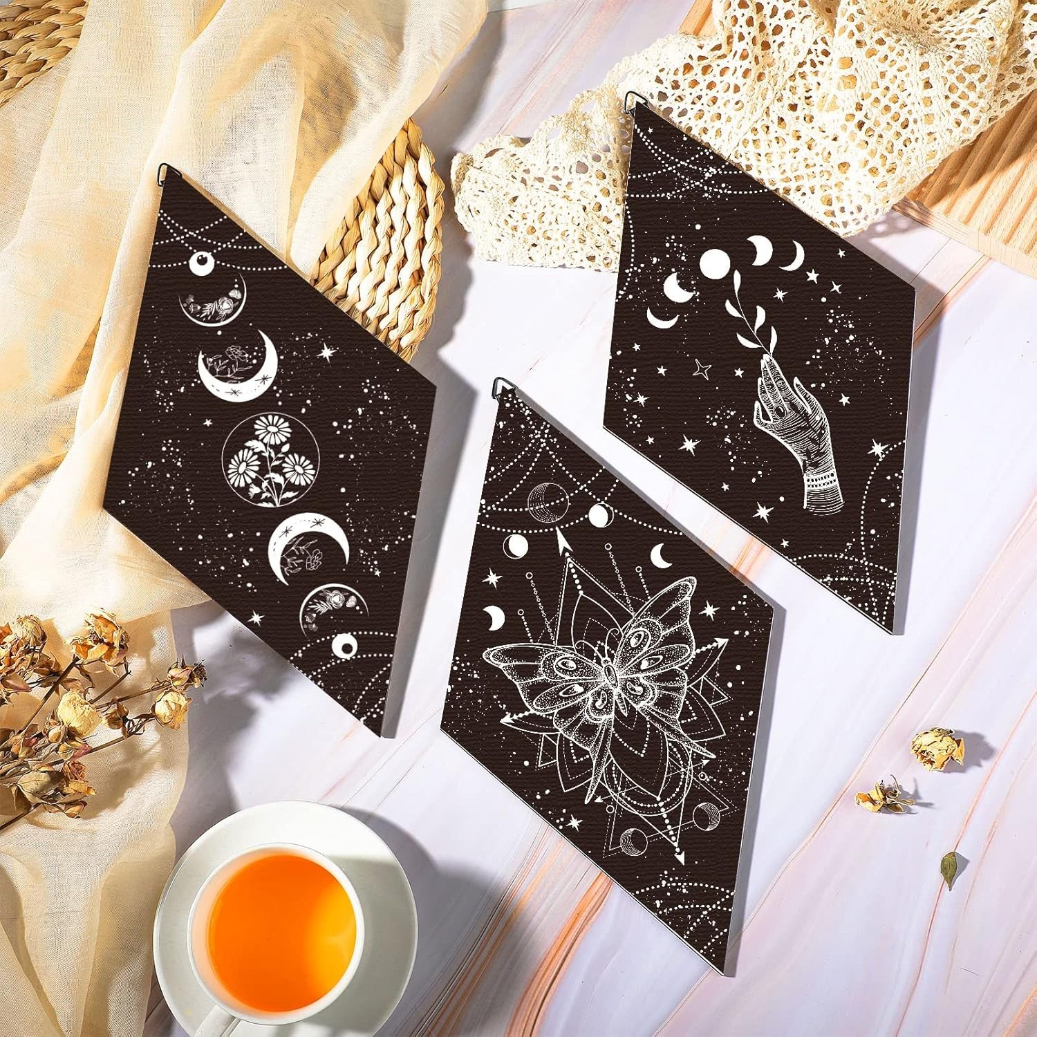 Unique Butterfly & Moon Phase Wall Decor – 3-Piece Rustic Art Set for Any Room
