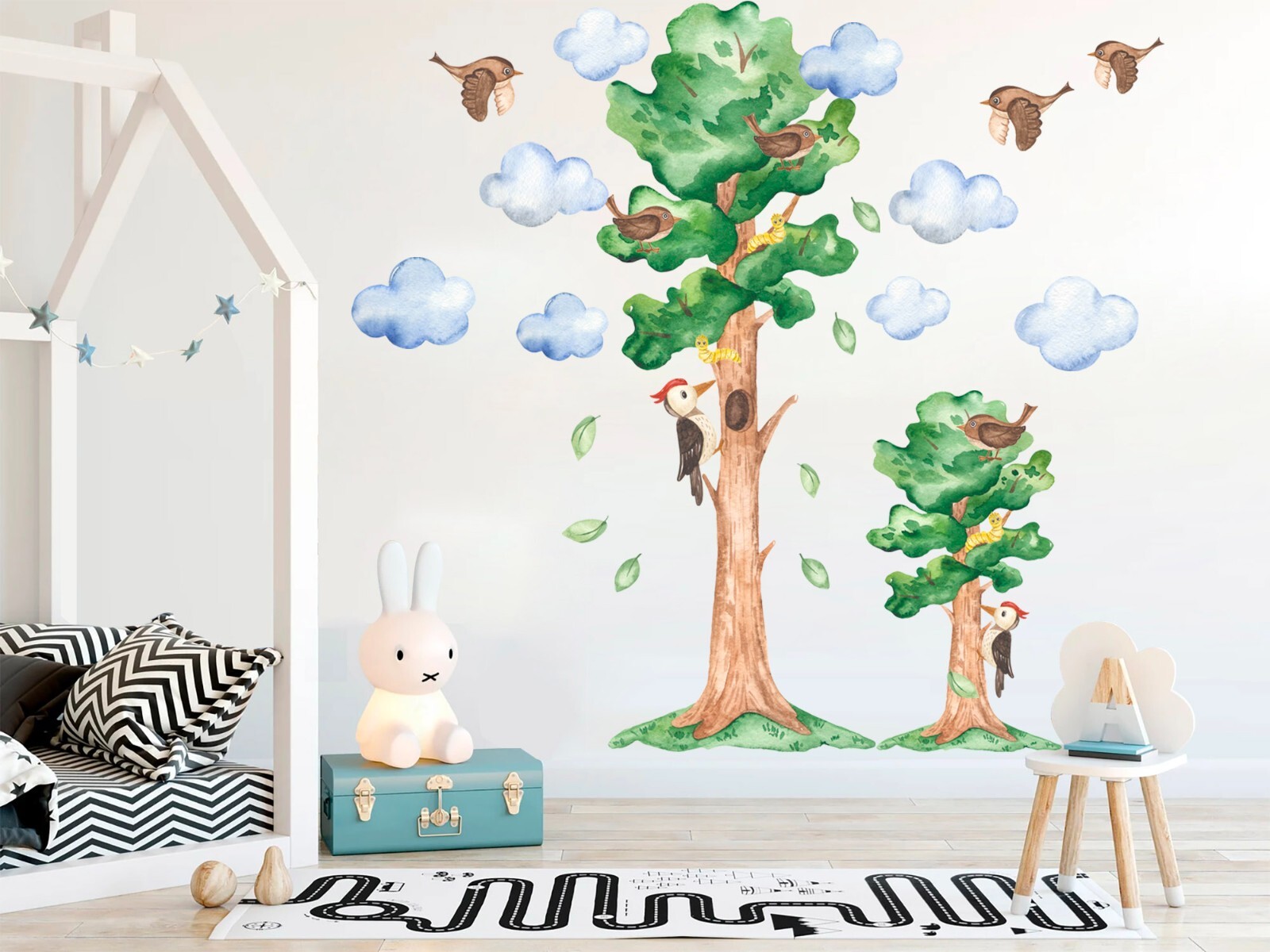 Woodpecker Birds on Tree Falling Leaves Wall Fabric Decal Set Sticker Kid Room