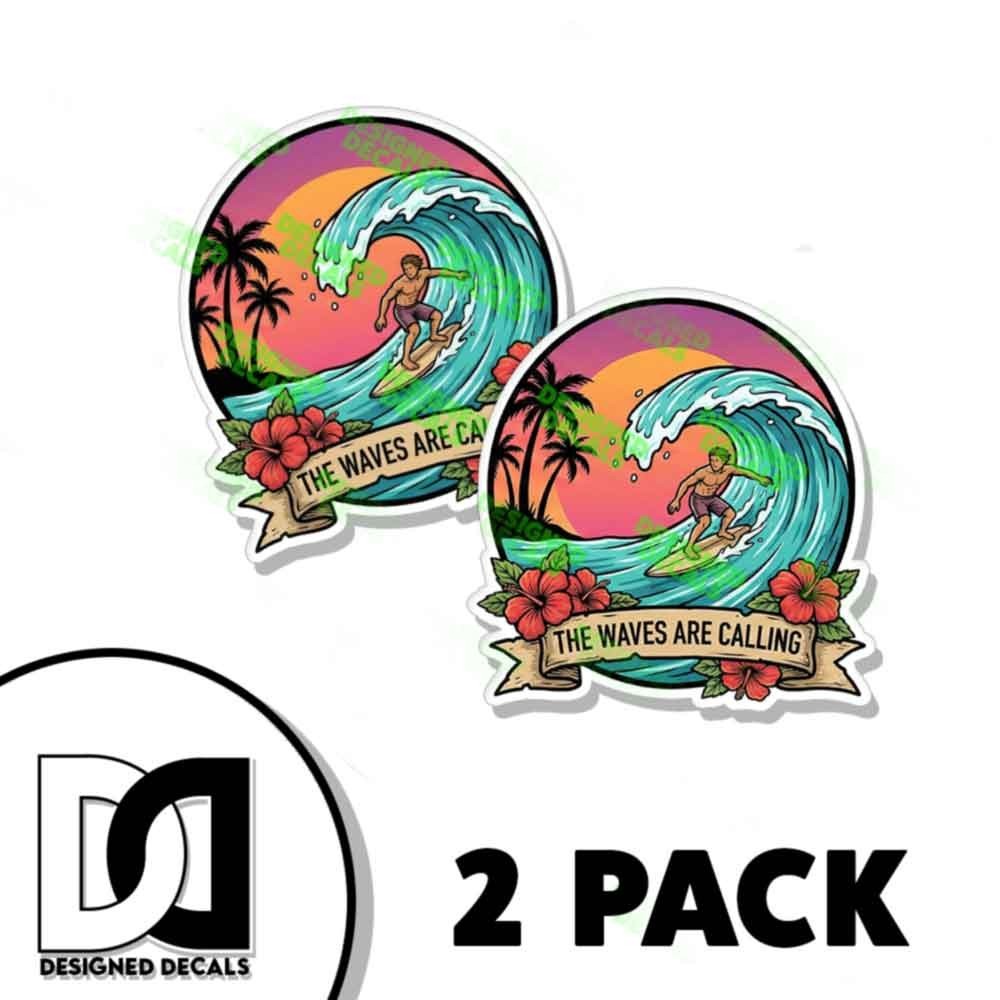 Surfing Sticker Tropical The Waves Are Calling Hawaii Decal Sticker 2 PACK
